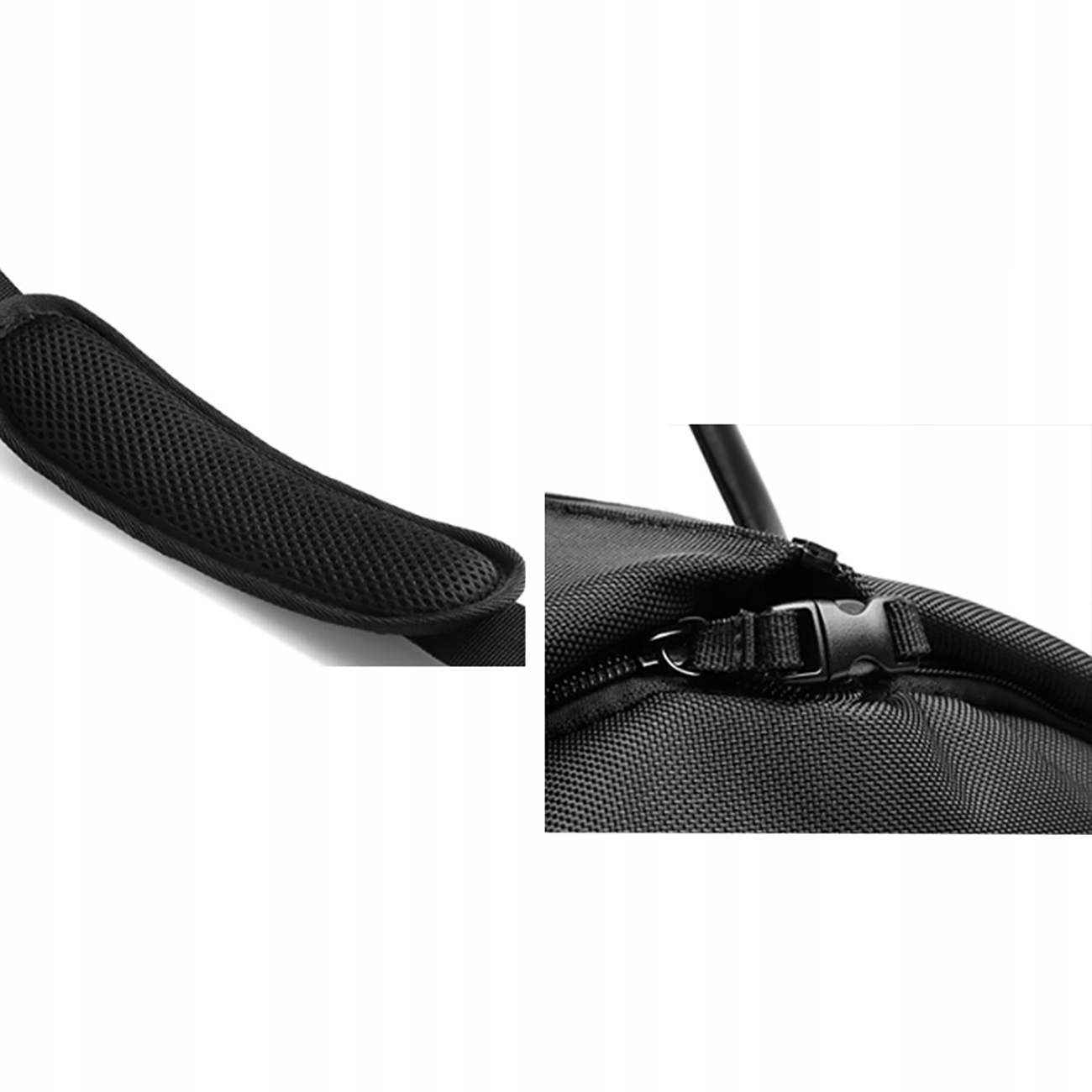Zbliżenie czarnej poduszki na ramię i czarnej klamry na torbie.