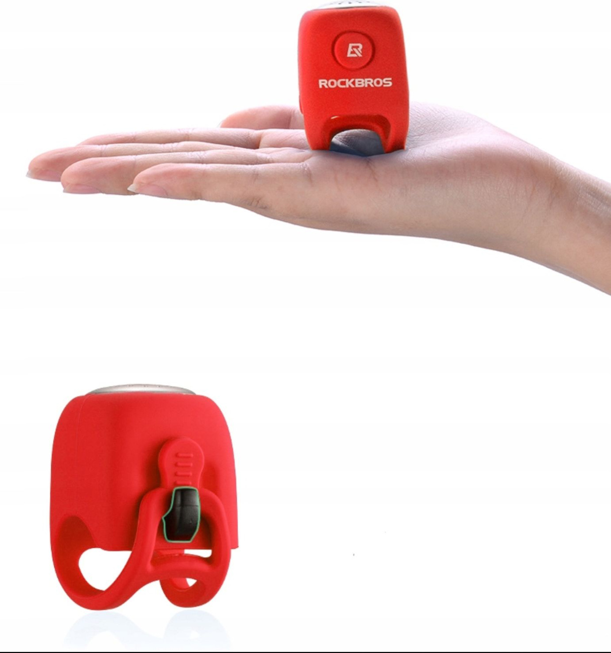 Czerwony elektroniczny klakson rowerowy RockBros w dłoni i na białym tle.