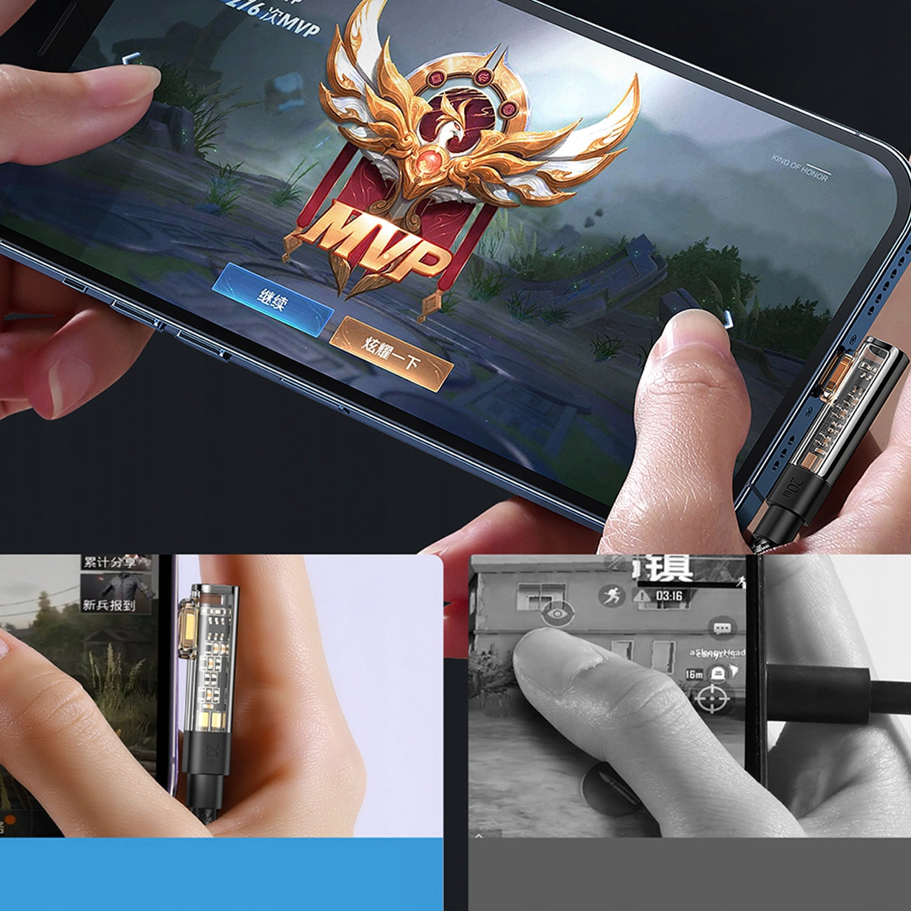 Telefon z ładowarką. Ręce trzymają telefon i kabel ładowarki w innych ujęciach.