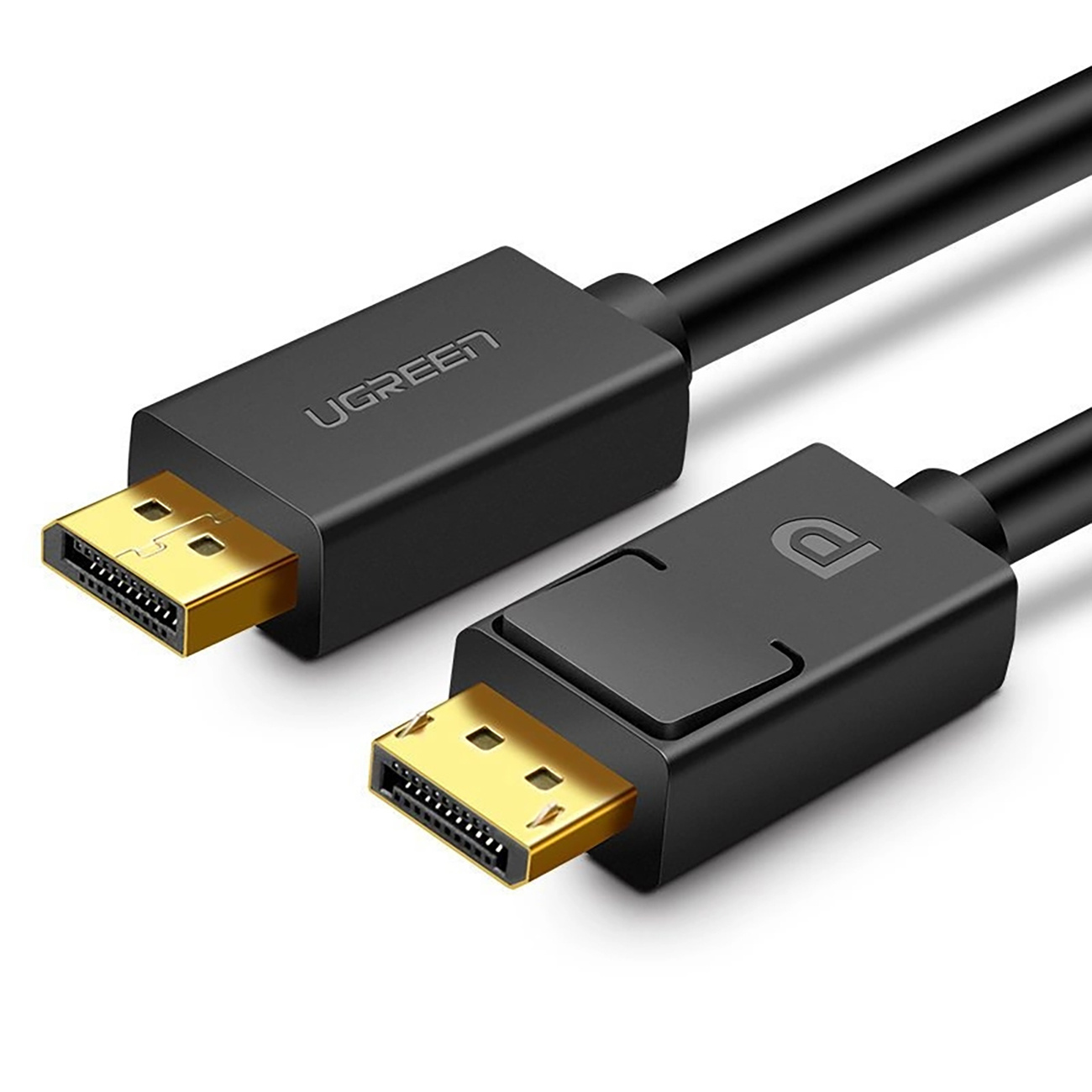 Schwarzes UGREEN-Kabel mit goldfarbenen Steckern. Die Stecker sind abgewinkelt.
