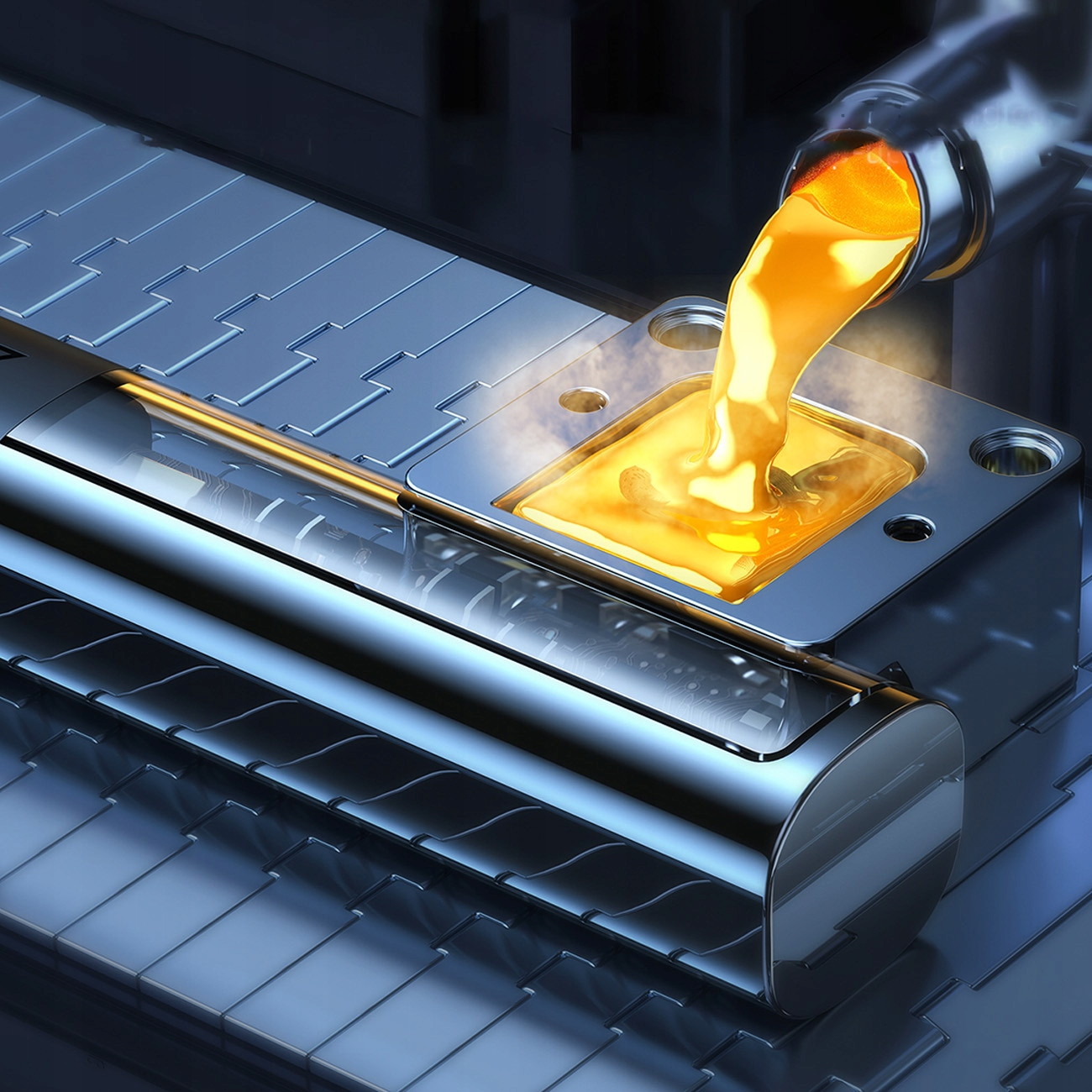 Złoty płyn wlewany do formy. Powierzchnia jest metaliczna, niebieska i srebrna.