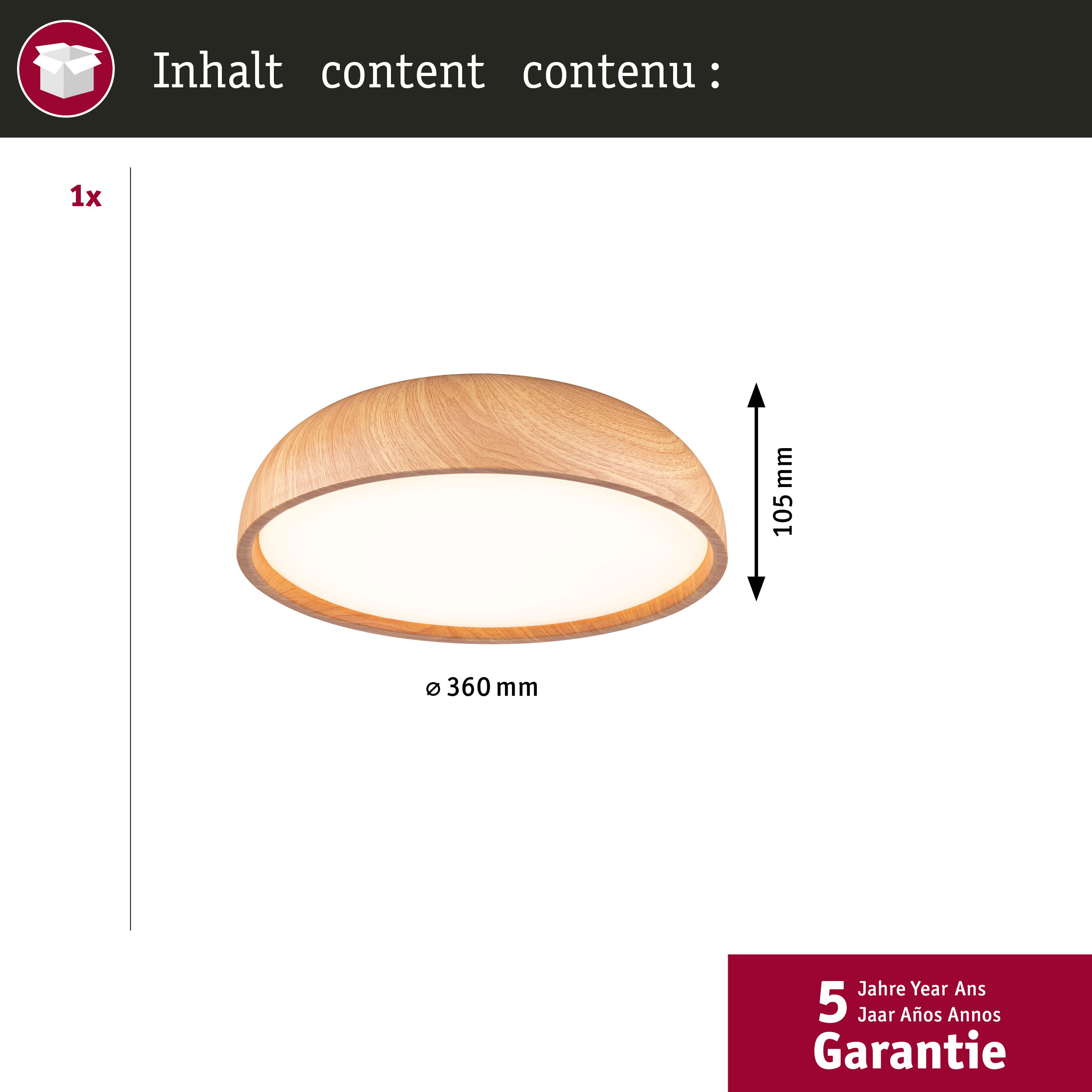 Eine runde Deckenleuchte aus Holz mit weißem Licht im Inneren, mit 5 Jahren Garantie.