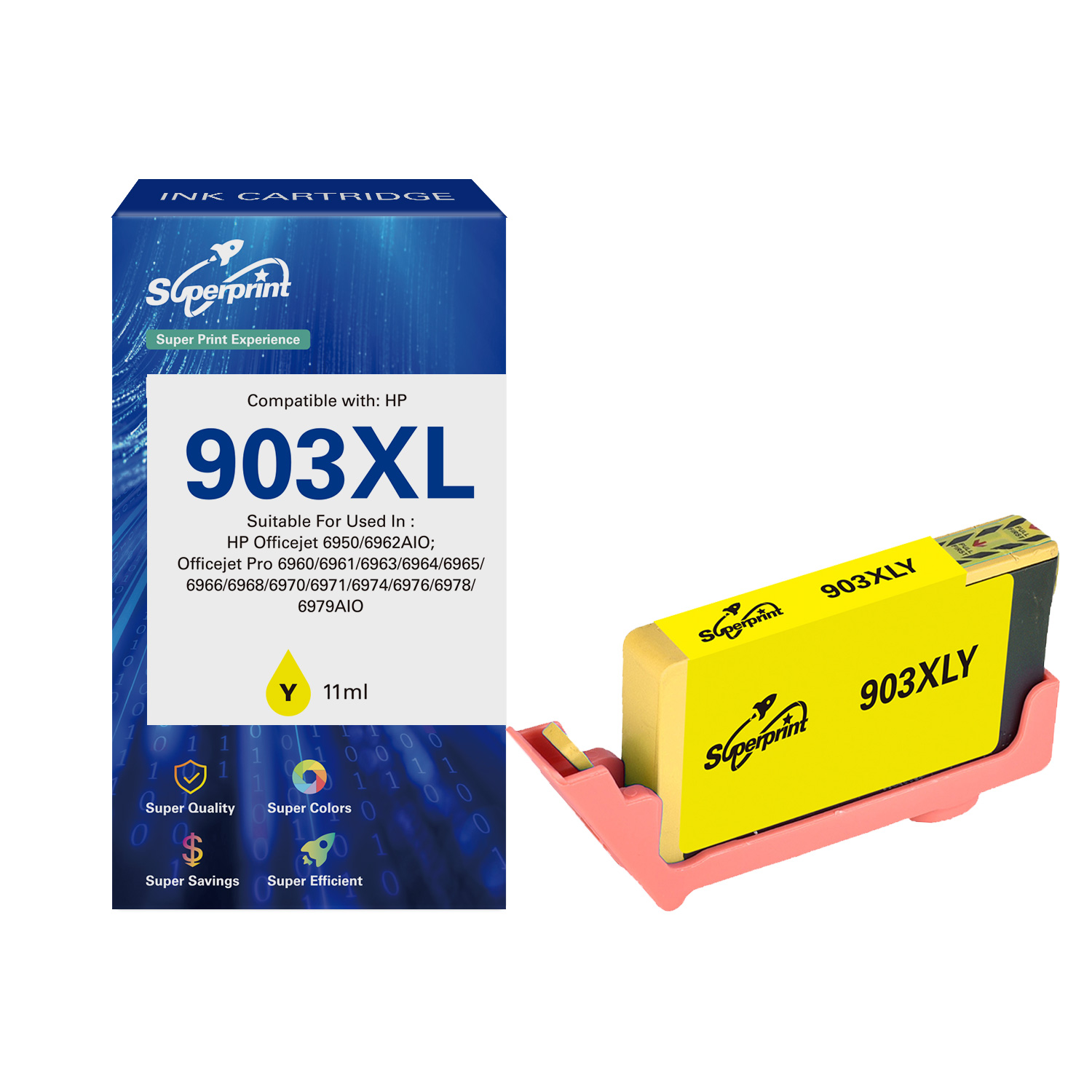 Cartouche d'encre jaune pour imprimantes HP en boîte et support.