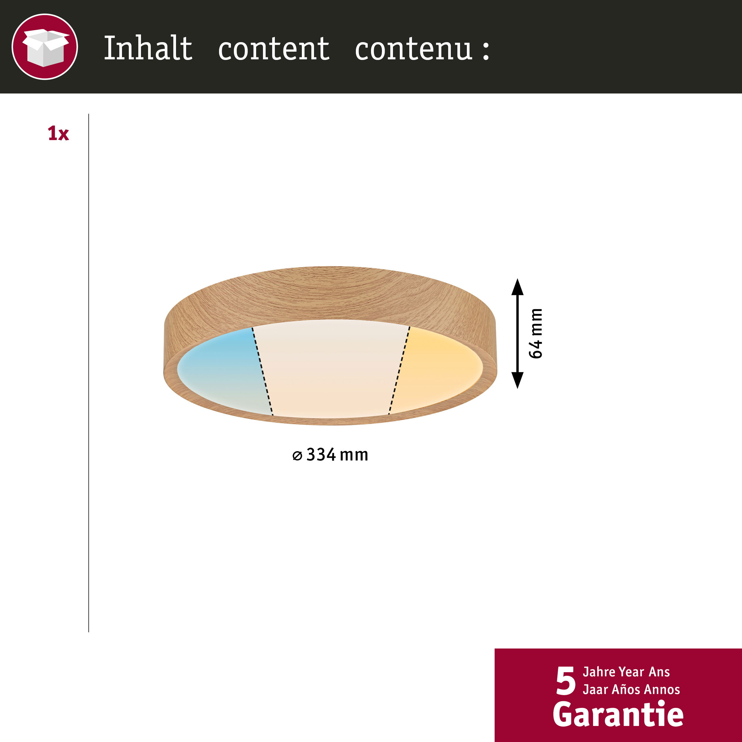 Eine runde Deckenleuchte aus Holz mit Abmessungen und Farbtemperaturanzeigen sowie einem 5-Jahres-Garantiesiegel wird gezeigt.