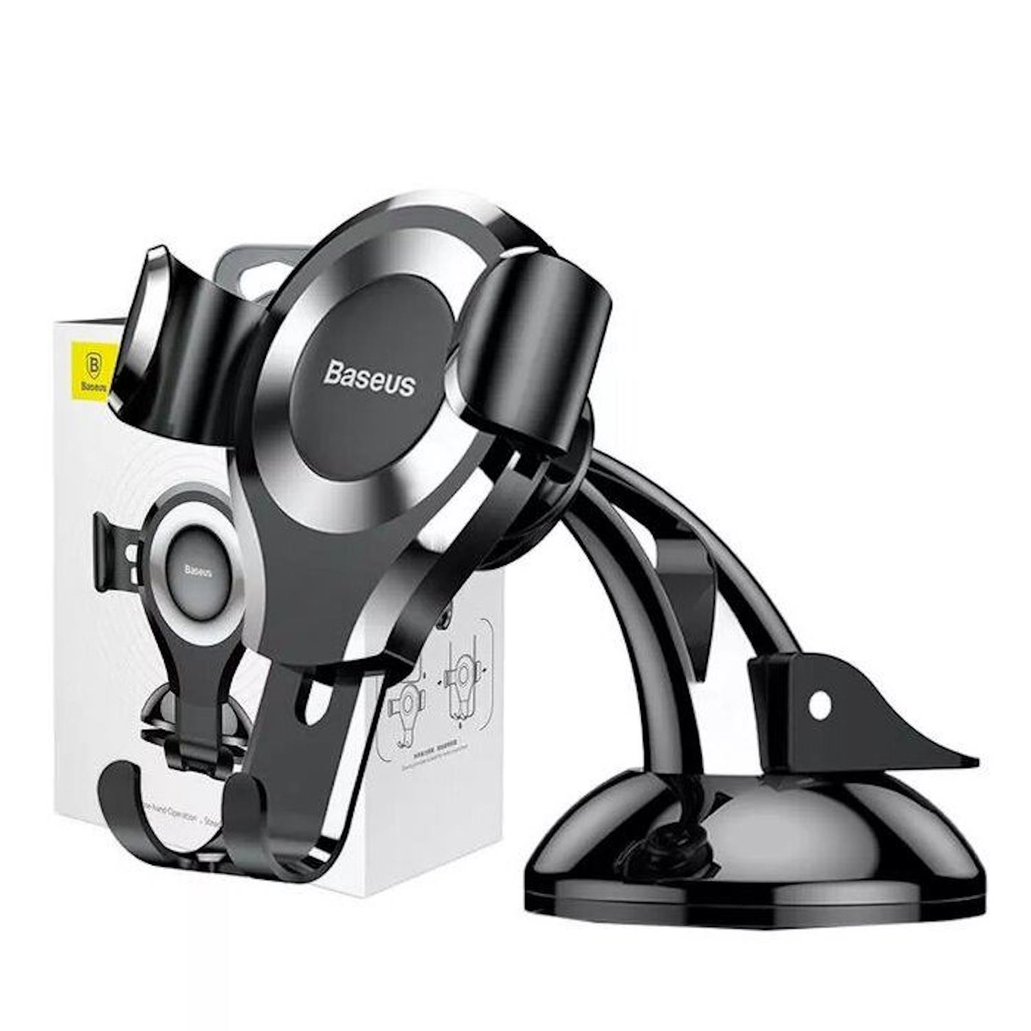 Czarny uchwyt samochodowy na telefon z logo Baseus i pudełkiem. Ma przyssawkę.