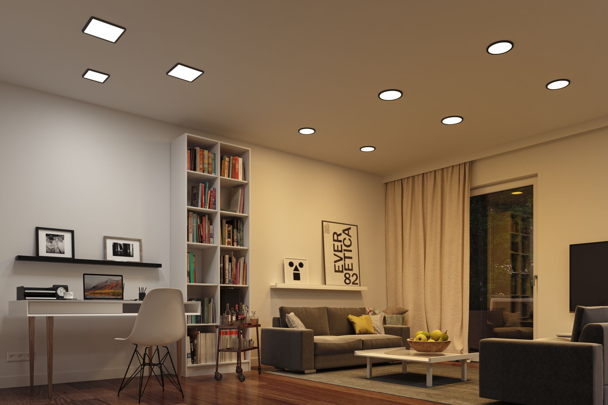 Se muestra una escena de sala de estar con iluminación empotrada, muebles, decoración y una estantería.