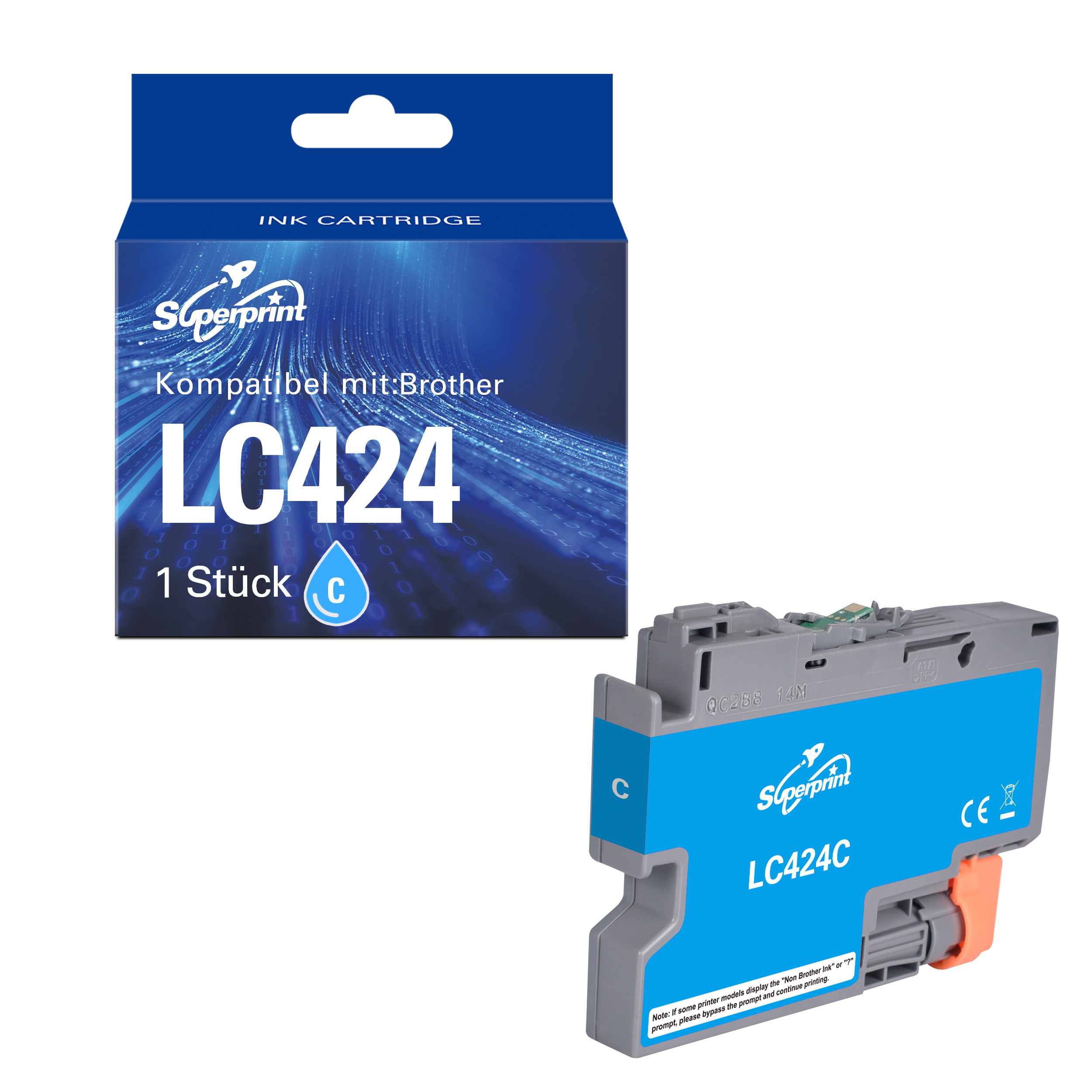 Une cartouche d'encre cyan et son emballage, compatible avec les imprimantes Brother LC424.