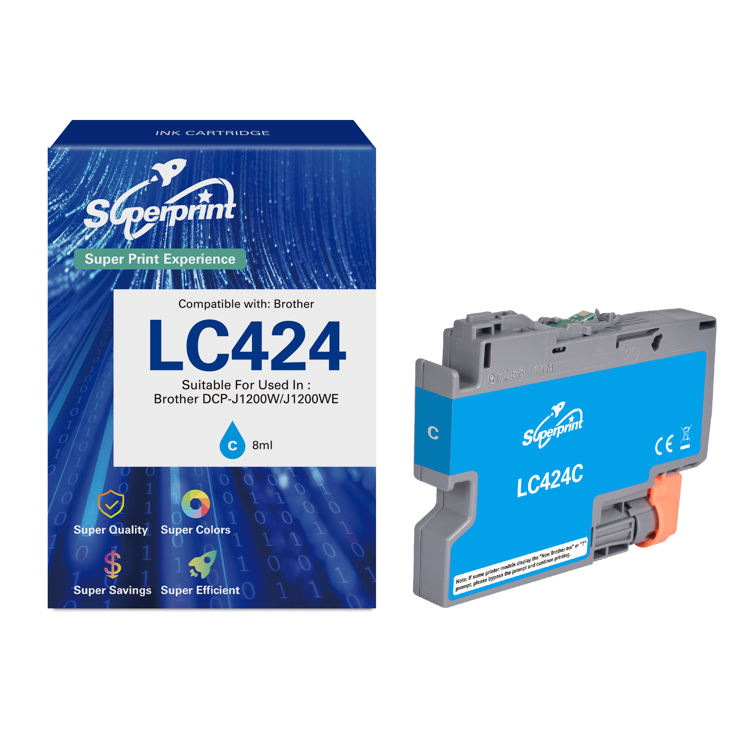 Cartouche d'encre cyan et emballage pour Superprint LC424, compatible avec les imprimantes Brother.