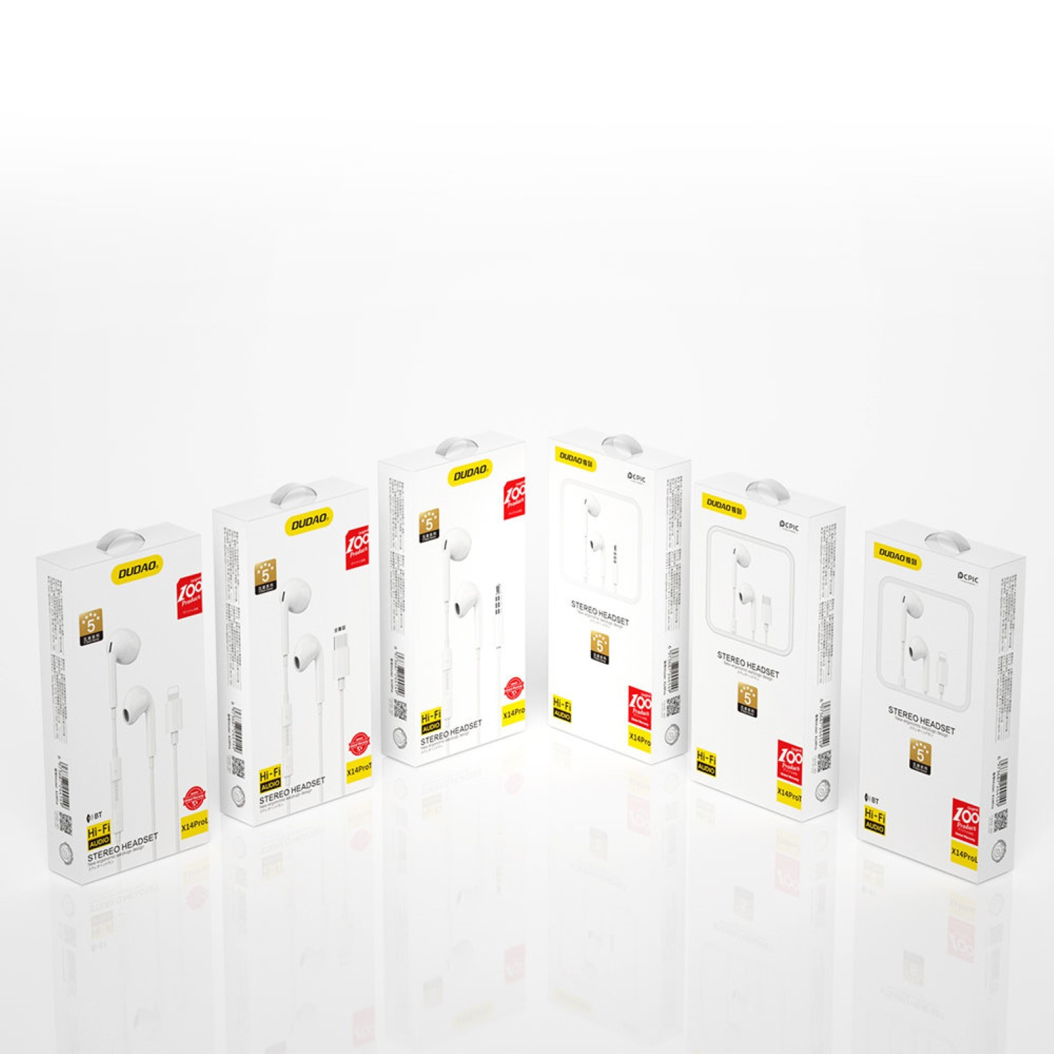 Wiele pudełek słuchawek przewodowych Dudao jest wyświetlanych w rzędzie na białej powierzchni.