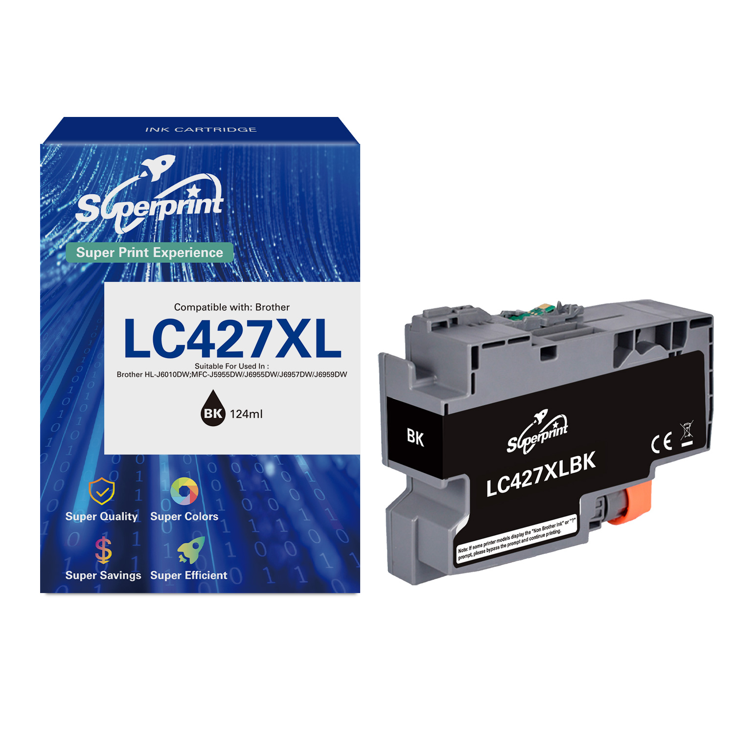 Black ink cartridge with packaging for Superprint LC427XL, suitable for Brother printers.