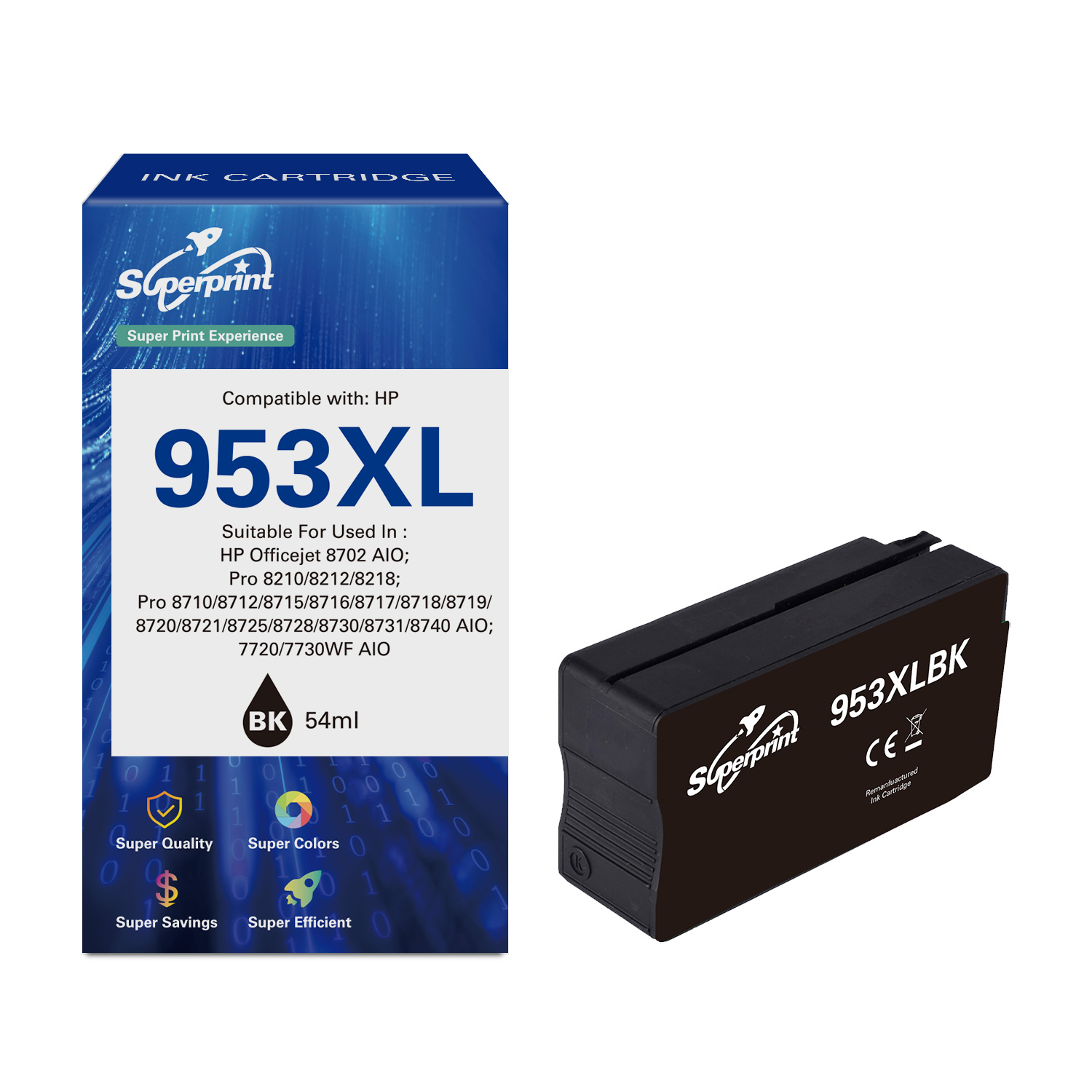 Cartouche d'encre et boîte noires Superprint 953XL. La boîte est bleue et blanche. La cartouche porte un logo Superprint.