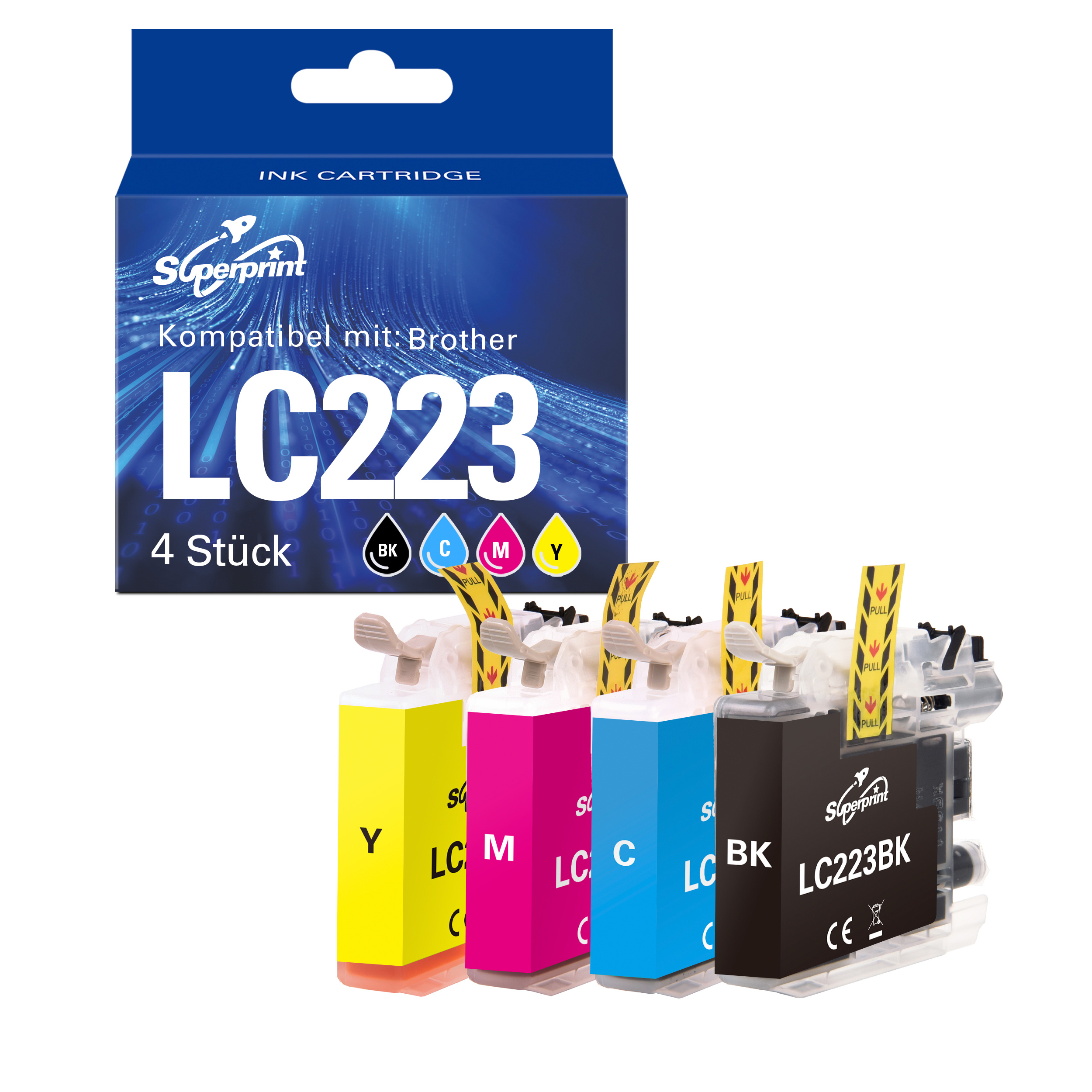 Un ensemble de quatre cartouches d'encre Superprint LC223 (noir, cyan, magenta, jaune) avec leur boîte d'emballage sur un fond blanc.