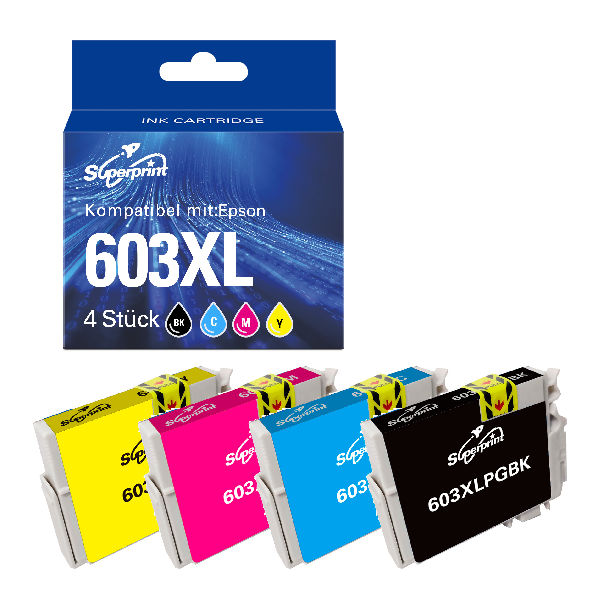 Quattro cartucce d'inchiostro Epson 603XL (nero, ciano, magenta, giallo) con la loro confezione su uno sfondo bianco.