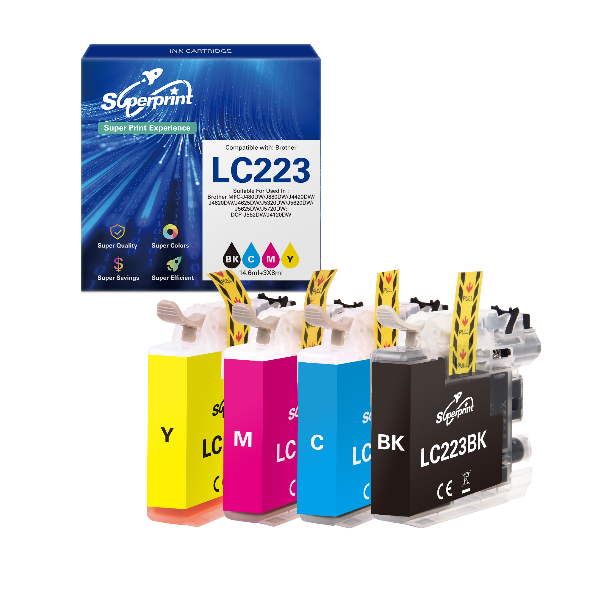 Un ensemble de quatre cartouches d'encre Superprint LC223 (noir, cyan, magenta, jaune) avec leur boîte d'emballage sur un fond blanc.