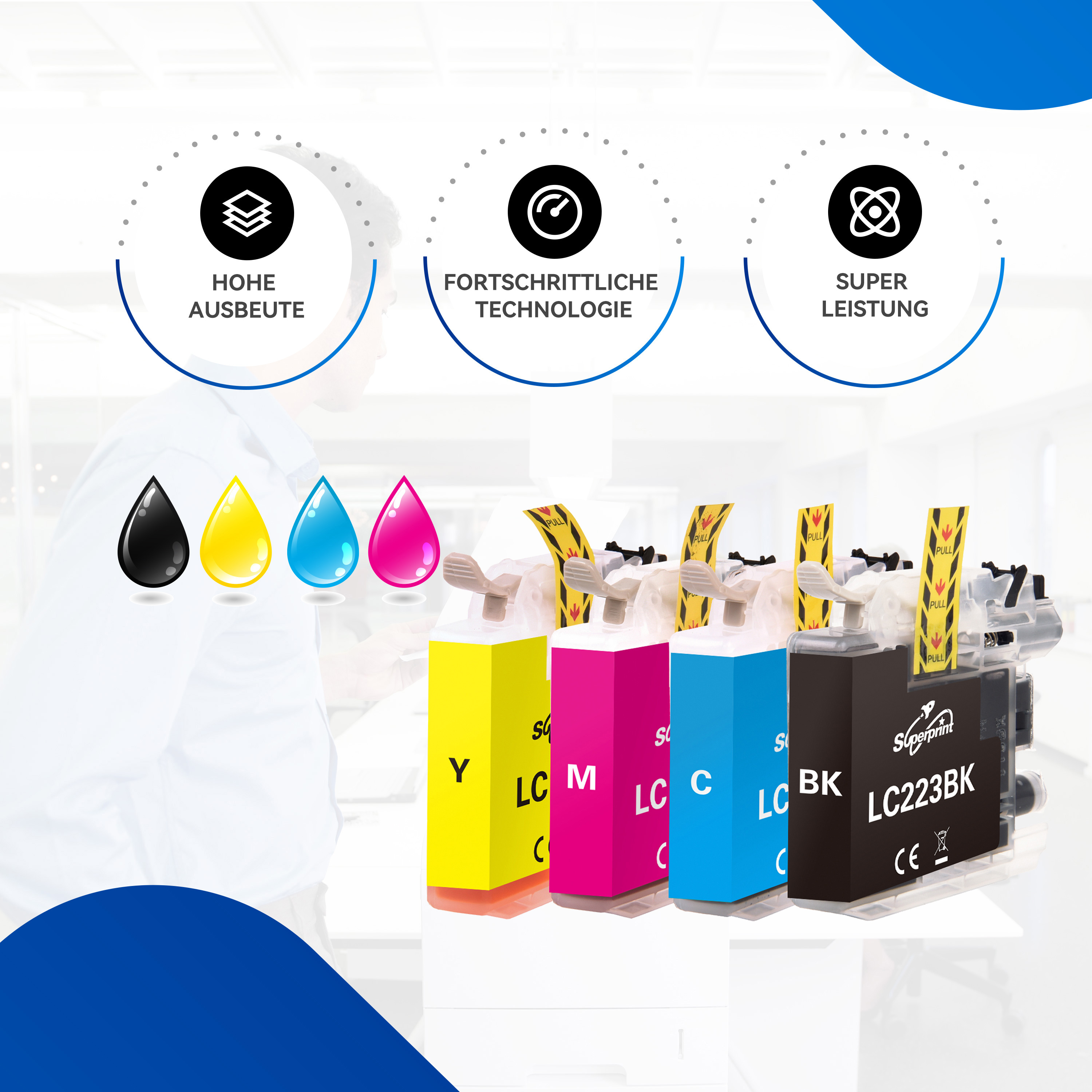 Cartouches d'encre avec des gouttes colorées. L'image souligne le haut rendement, la technologie avancée et la super performance.