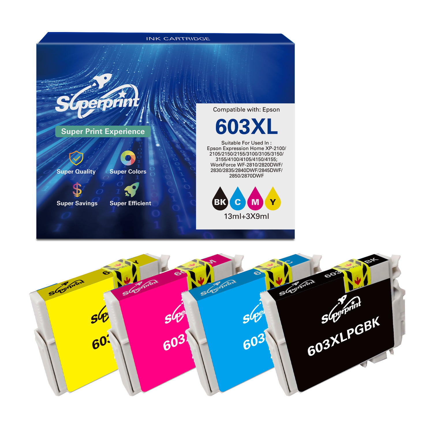 Scatola con un set di cartucce per stampanti. Include cartucce gialle, magenta, ciano e nere, con il marchio Superprint.
