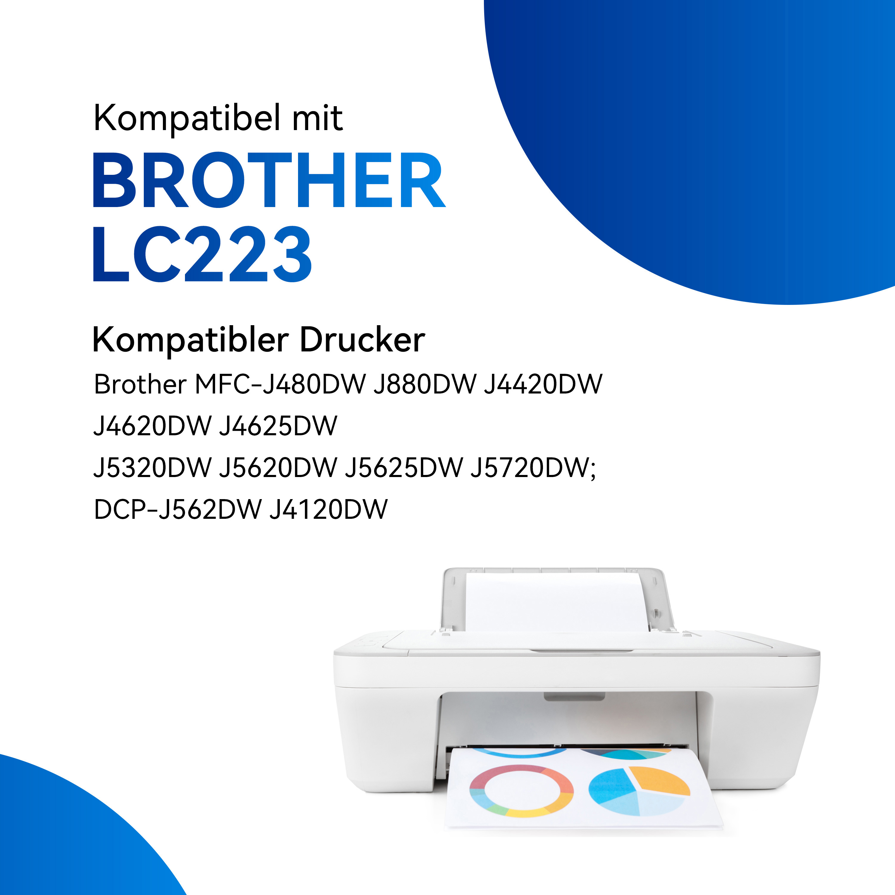 L'image montre une imprimante avec une sortie papier, ainsi que le texte 'Compatible avec Brother LC223'.