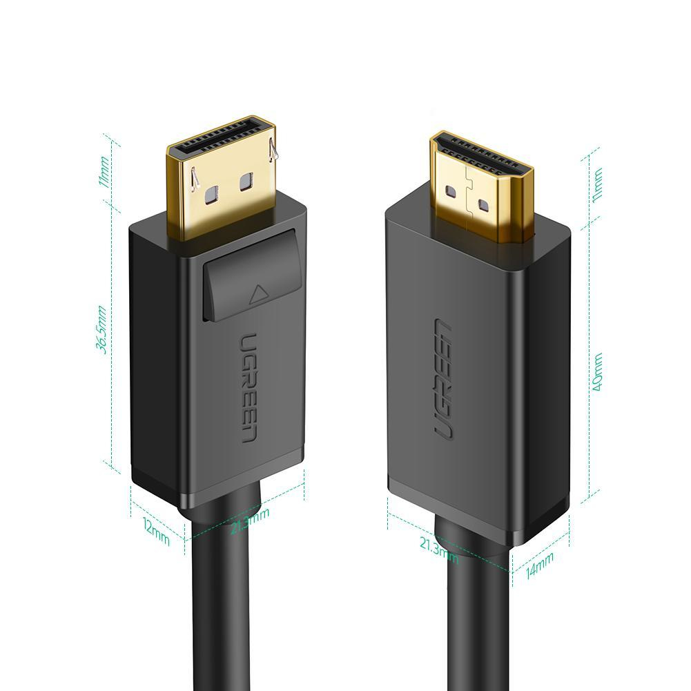 Dwa czarne kable UGREEN DisplayPort do HDMI, pokazujące wymiary. Jeden koniec to DisplayPort, drugi to HDMI.
