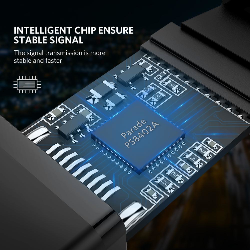 Zbliżenie płytki drukowanej z chipem oznaczonym 'Parade PS8402A'. Tekst sugeruje stabilny i szybki sygnał.