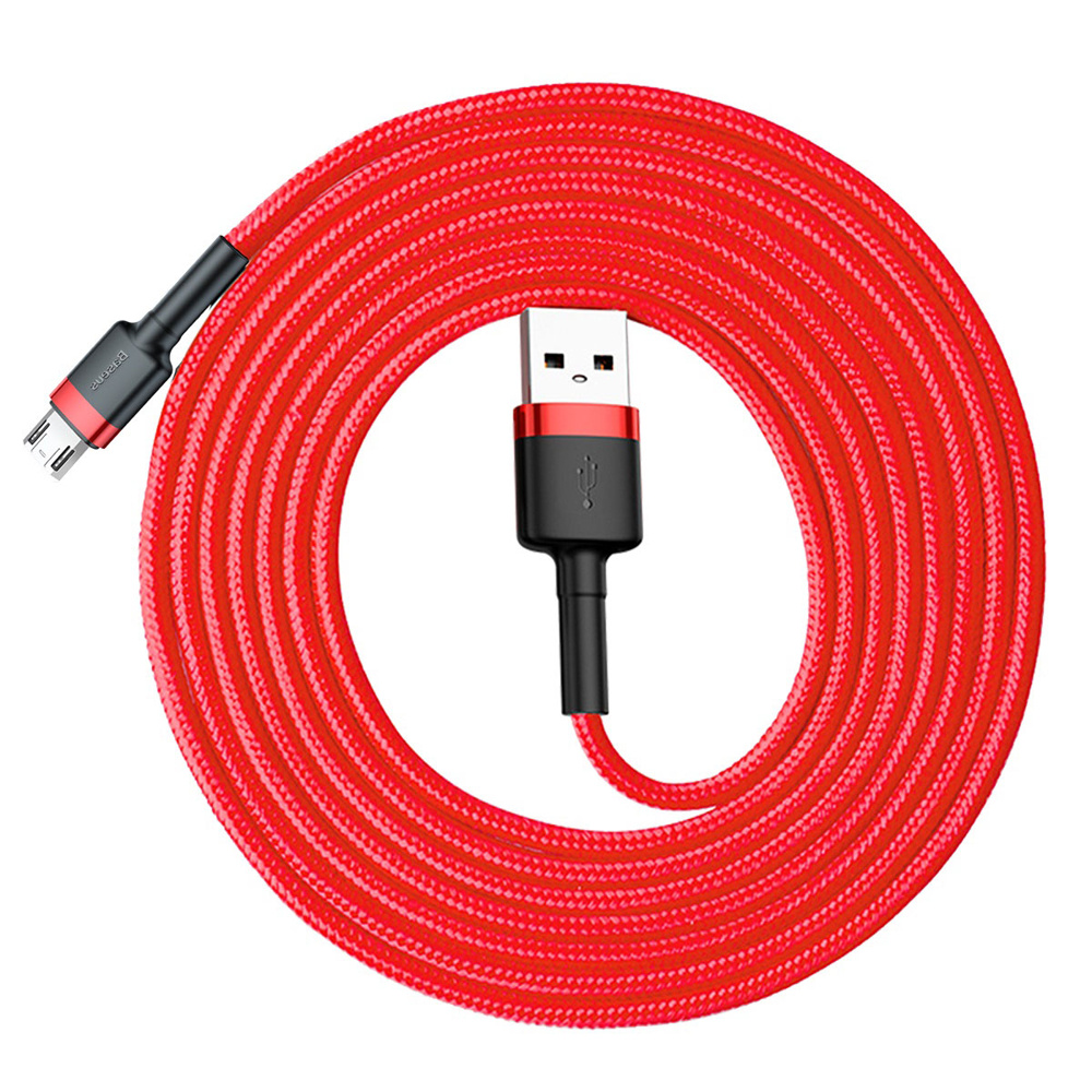 Zwinięty czerwony kabel USB do Micro-USB z czarnymi akcentami.