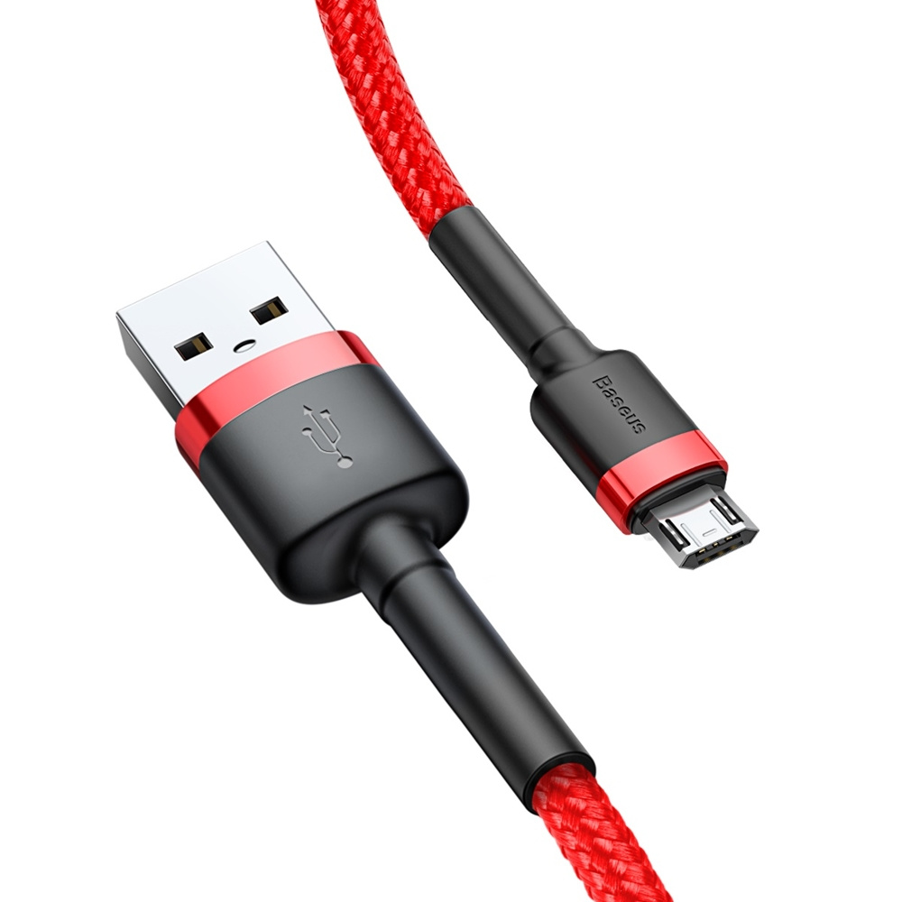 Czerwono-czarny kabel USB do Micro-USB ze srebrnymi złączami.