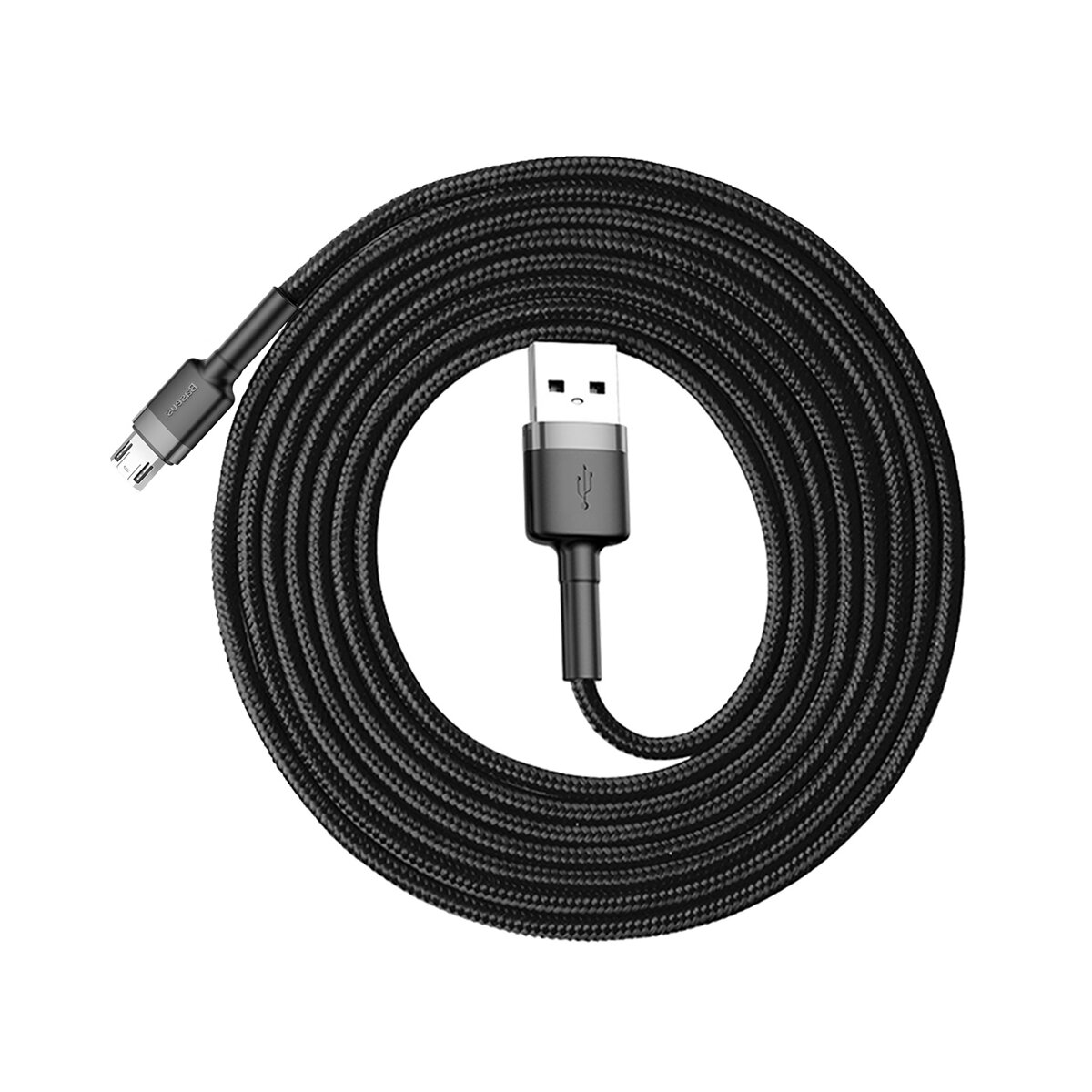 Czarny kabel USB zwinięty. Widoczne oba końce, jeden ze złączem USB-A, drugi z micro-USB.