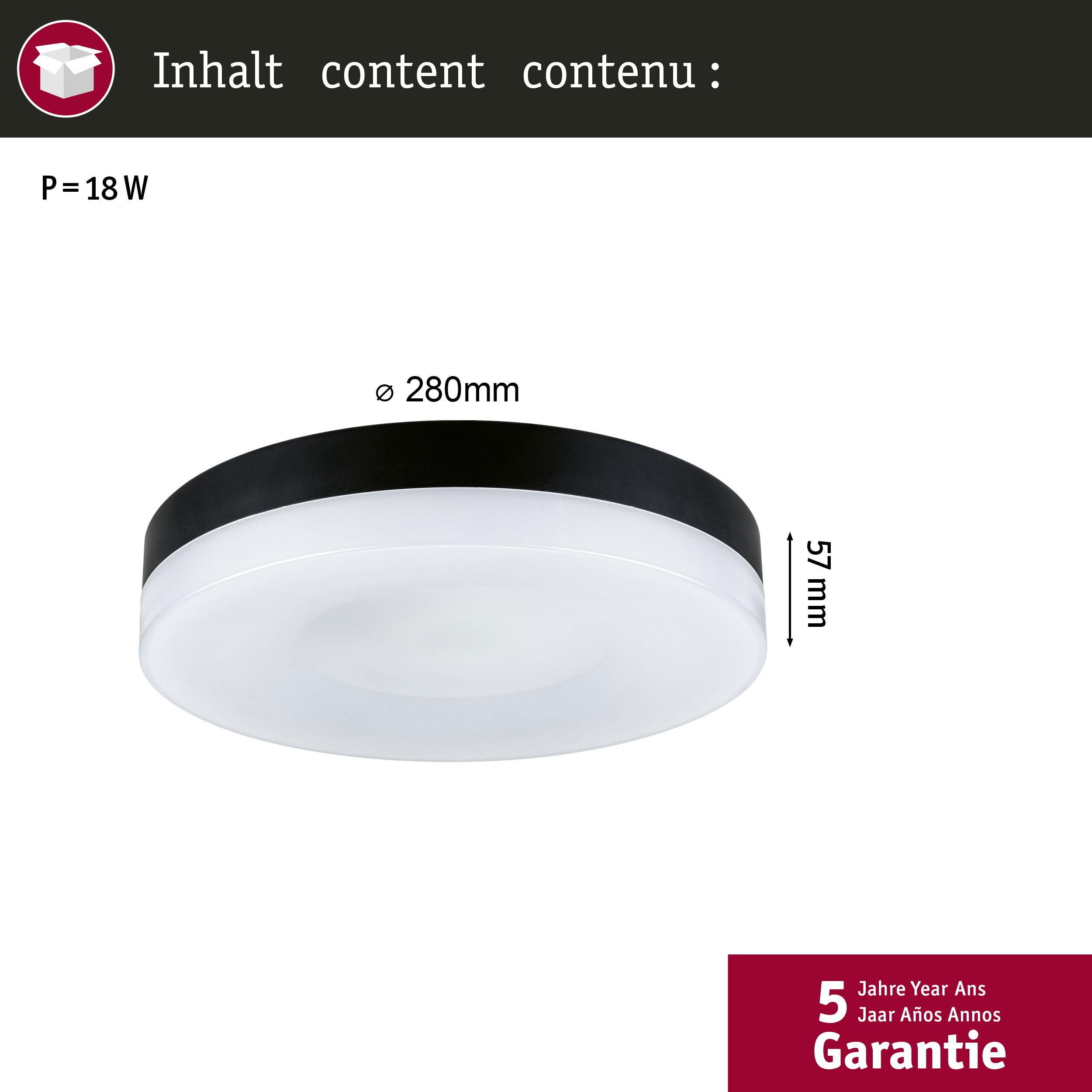 Schemat przedstawia okrągłą lampę sufitową z czarną obwódką, z wymiarami i tekstem.