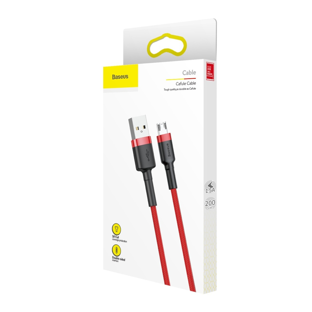 Opakowanie czerwonego kabla USB ze złączami USB-A i micro-USB. Pudełko jest białe i zawiera informacje.