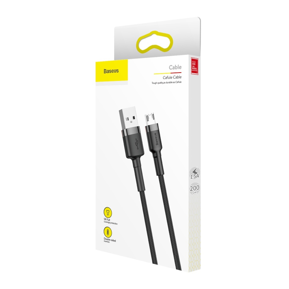 Opakowanie czarnego kabla USB ze złączami USB-A i micro-USB. Pudełko jest białe i zawiera informacje.
