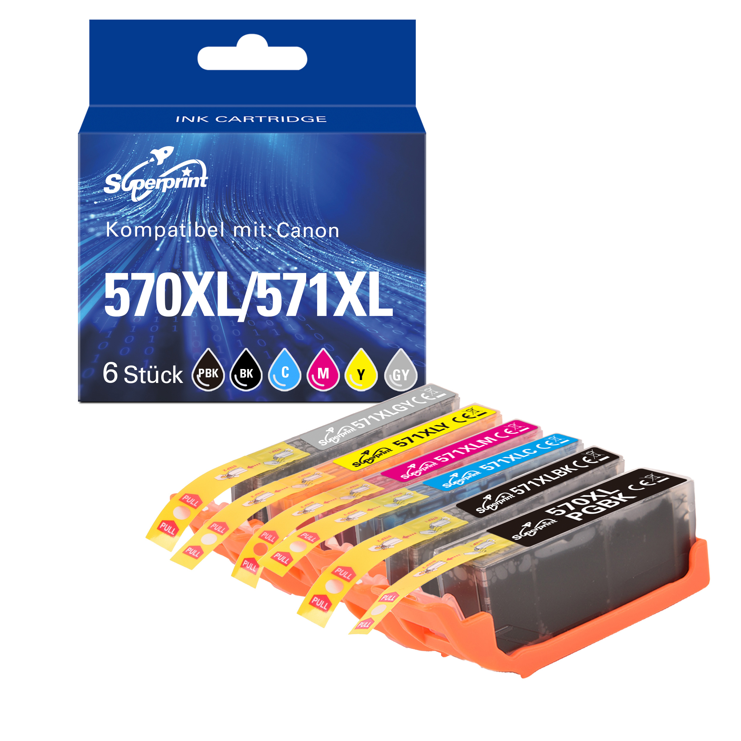 Pack de cartouches d'encre : boîte bleue avec le logo Superprint et six cartouches d'encre colorées dans un support en plastique.