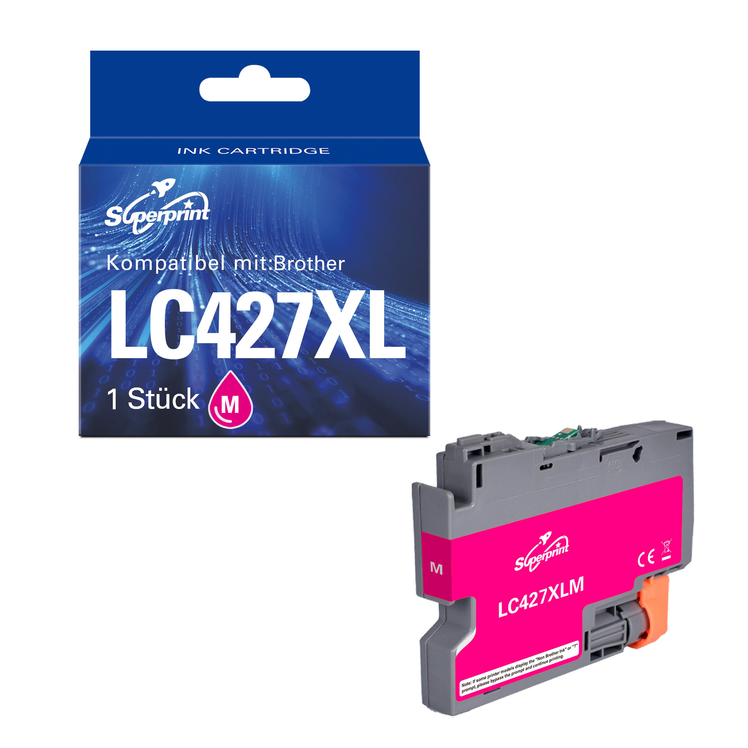 Een magenta printerinktcartridge naast de verpakking, met een Superprint-logo, tegen een witte achtergrond.