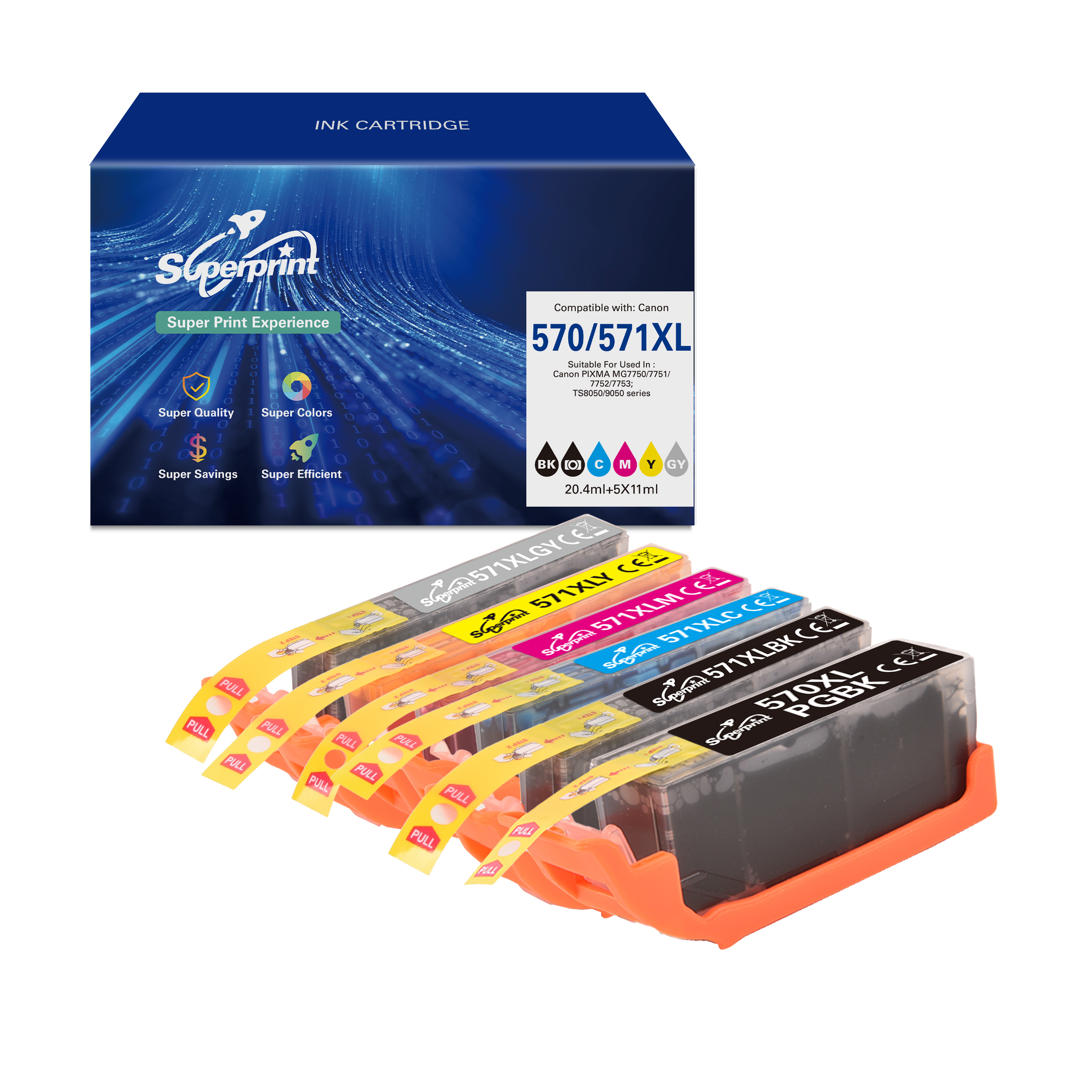 Pack de cartouches d'encre Canon 570/571XL avec six cartouches colorées dans un support orange, sur un fond blanc.