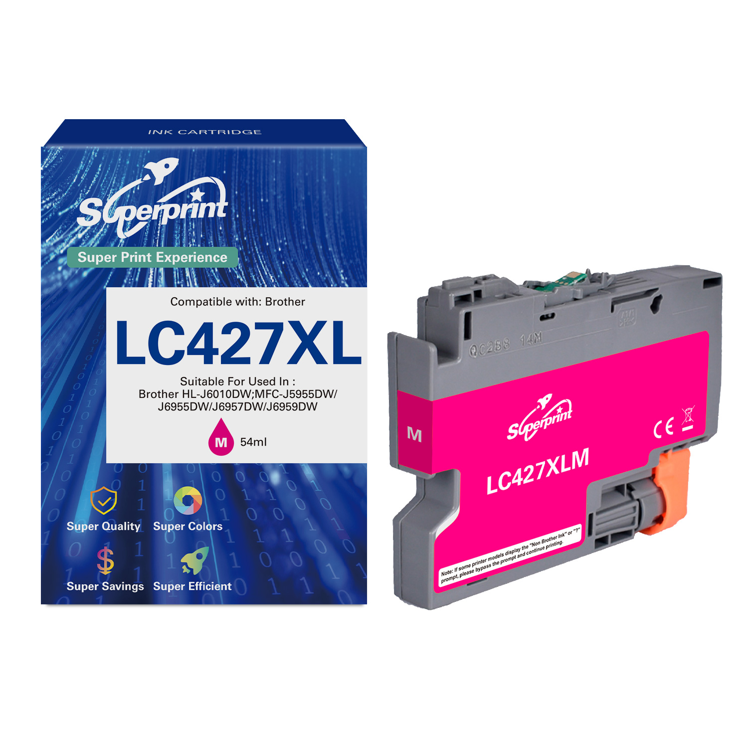 Magenta Superprint LC427XLM printerinktcartridge en doos, compatibel met Brother-printers, op een witte achtergrond.
