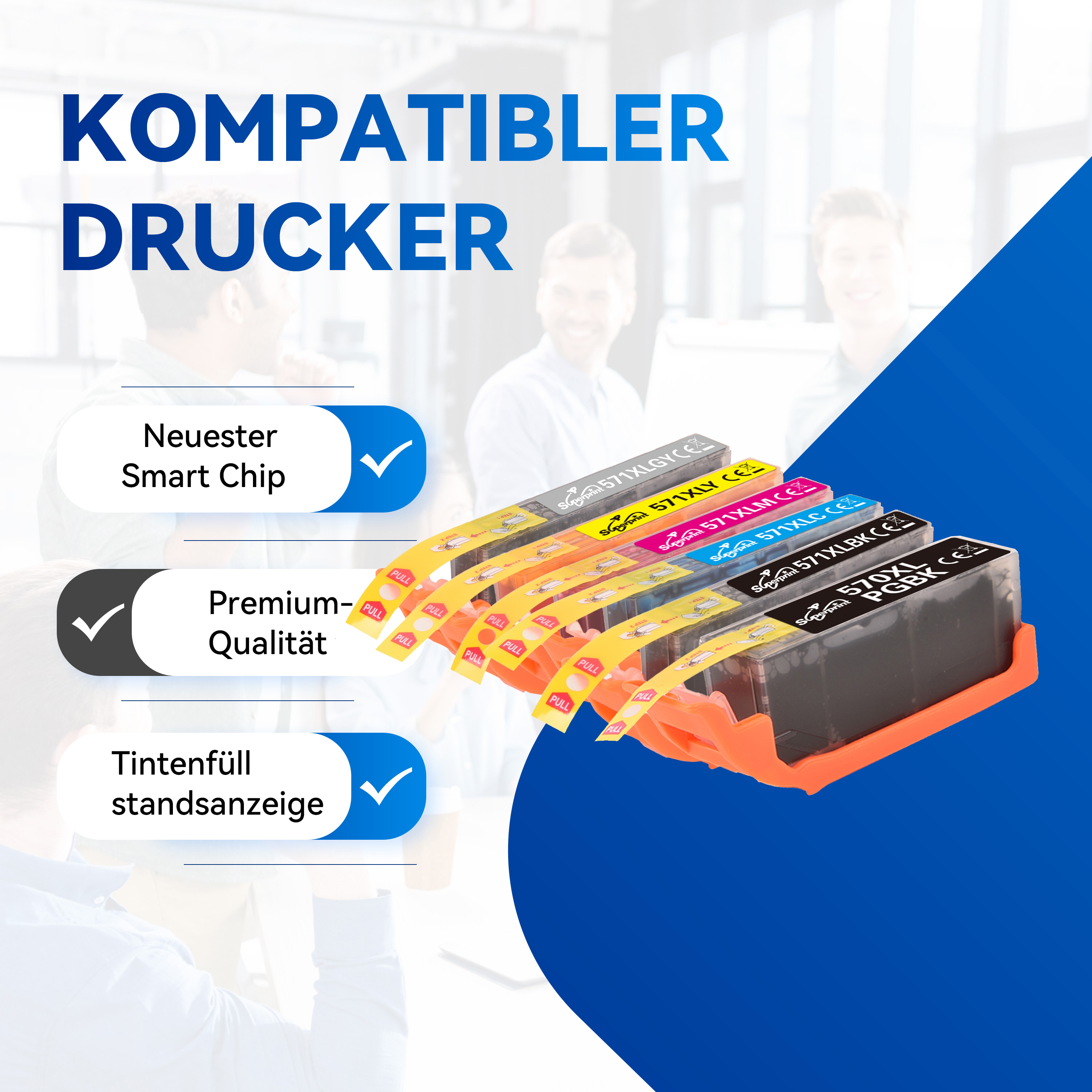 Cartouches d'encre avec un graphique "Kompatibler Drucker", présentant une puce intelligente, une qualité supérieure et un indicateur de niveau d'encre.