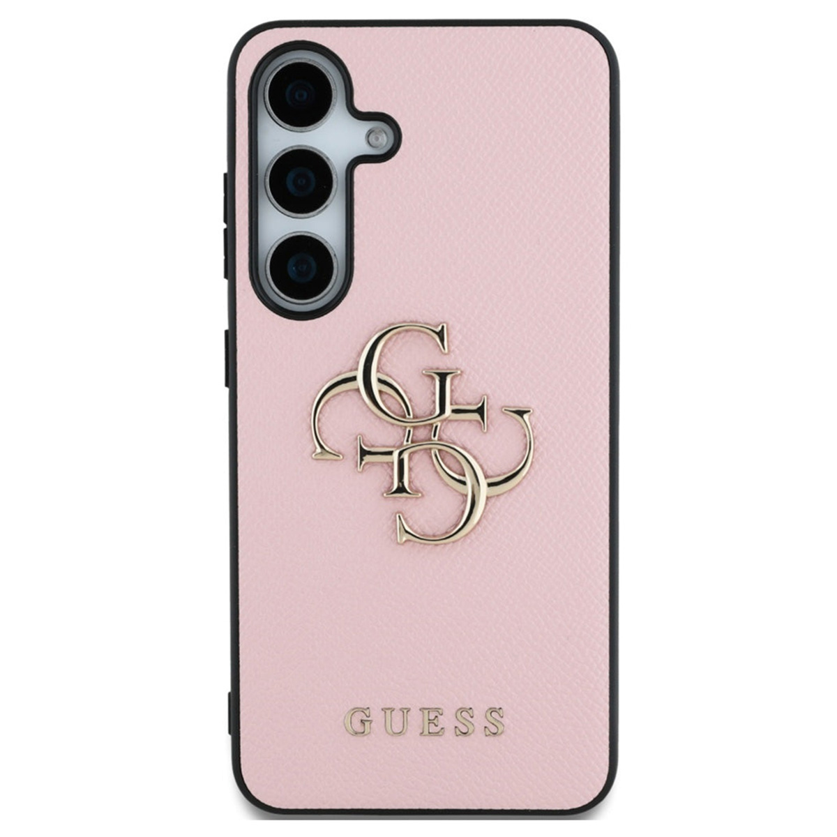 Custodia rosa per telefono con logo Guess dorato, con obiettivi della fotocamera e il marchio in basso.