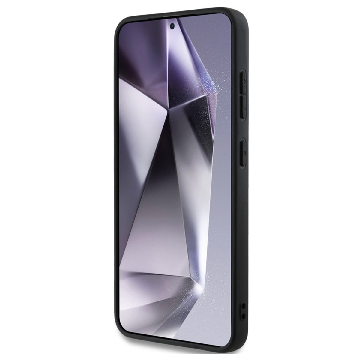 Un telefono in una custodia nera mostra un motivo geometrico sullo schermo, su uno sfondo bianco, evidenziandone il design.