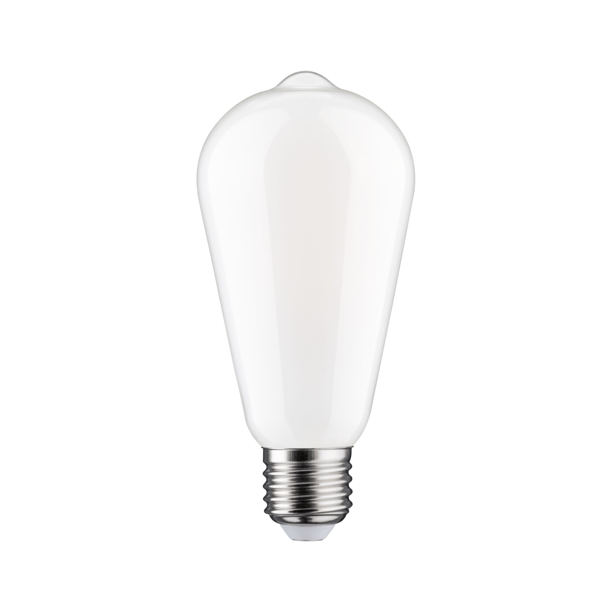 Eine weiße LED-Glühbirne mit silbernem Sockel auf weißem Hintergrund.