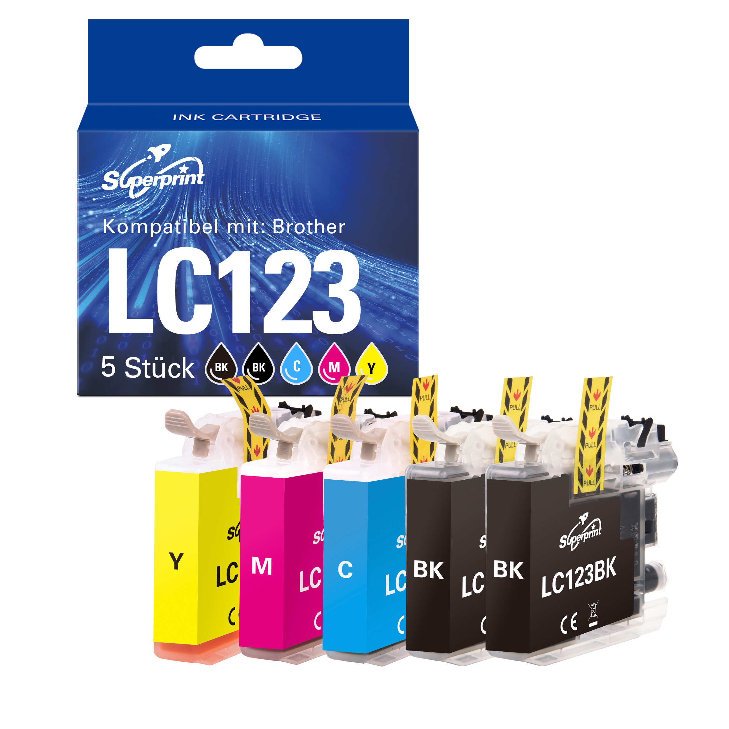 Een set Superprint LC123 inktcartridges in zwart, cyaan, magenta en geel, met verpakking, op een witte achtergrond.