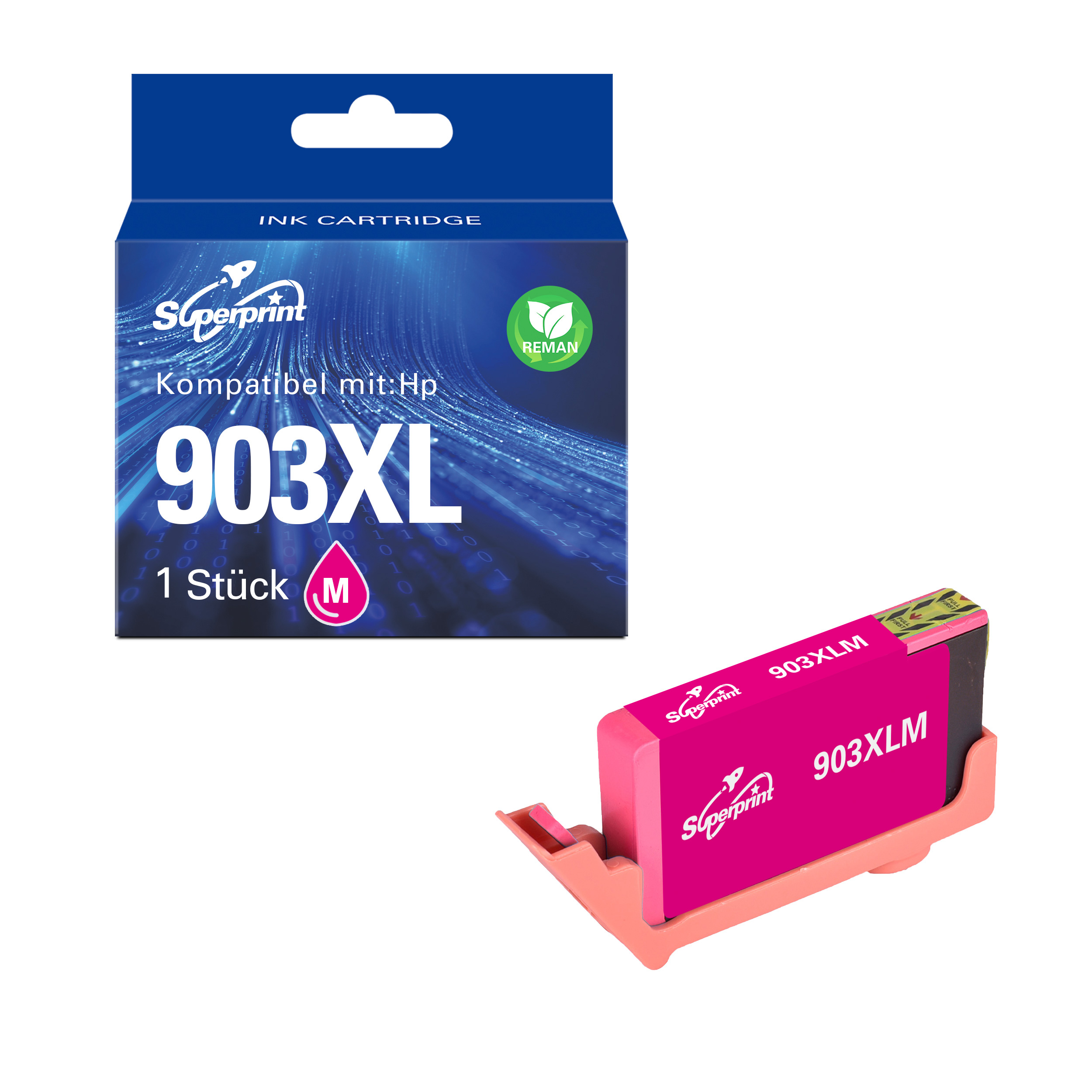 Une cartouche d'encre magenta Superprint 903XL avec sa boîte sur un fond blanc.