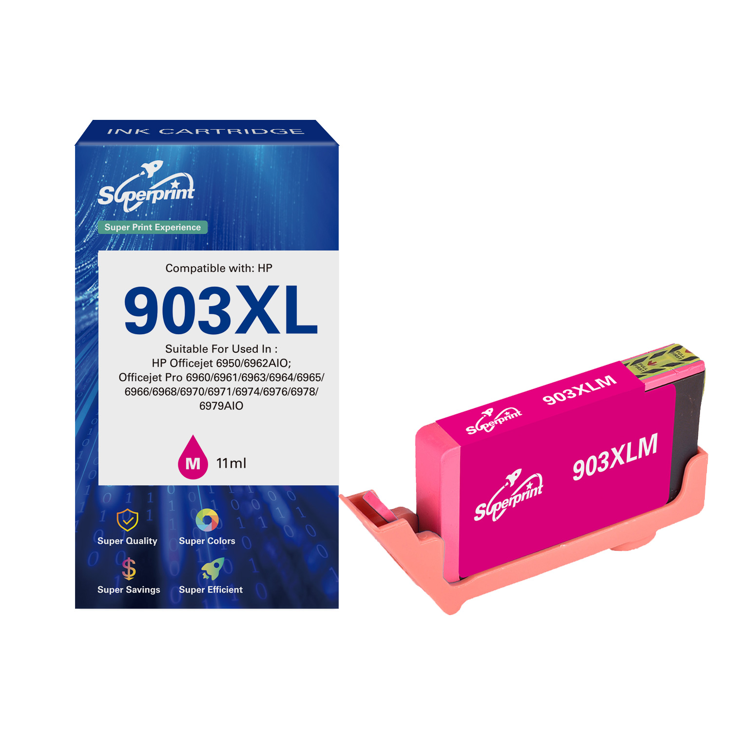 Une cartouche d'encre magenta Superprint 903XL avec sa boîte sur un fond blanc.