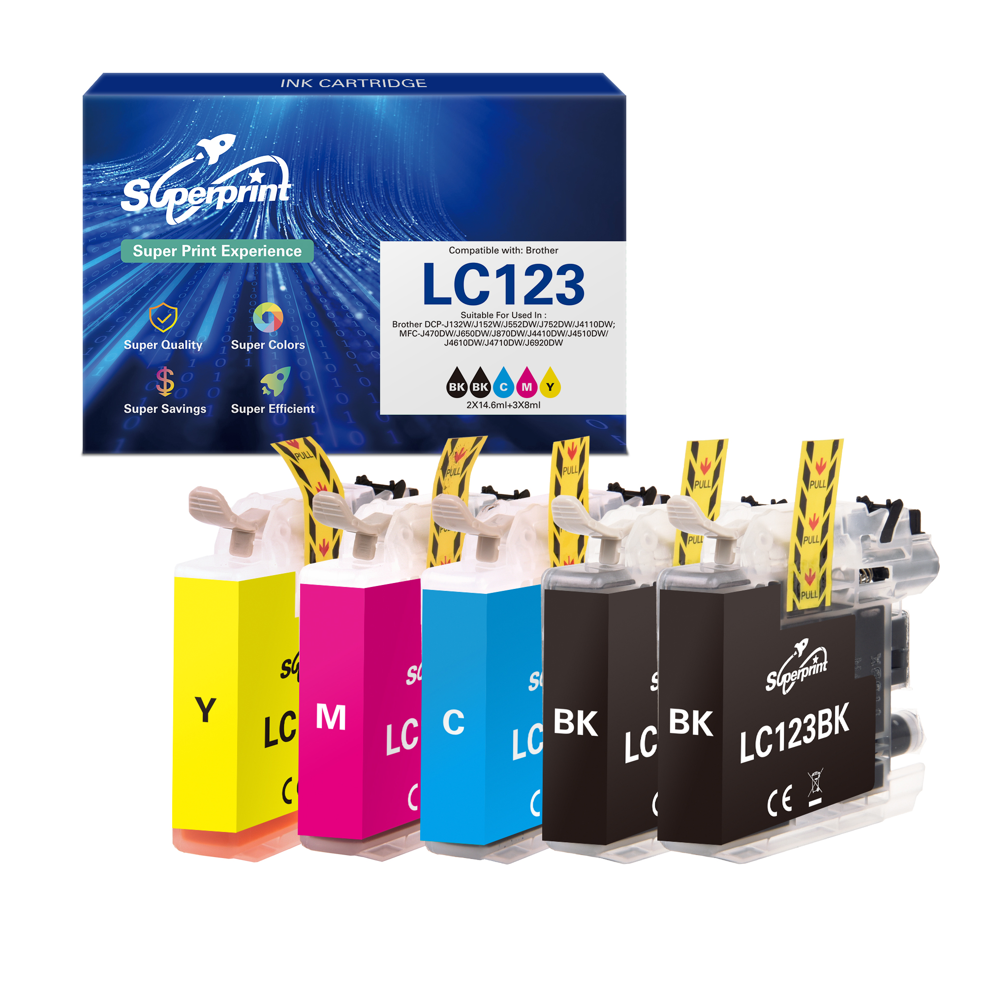 Een set Superprint LC123 inktcartridges in zwart, cyaan, magenta en geel, met verpakking, op een witte achtergrond.