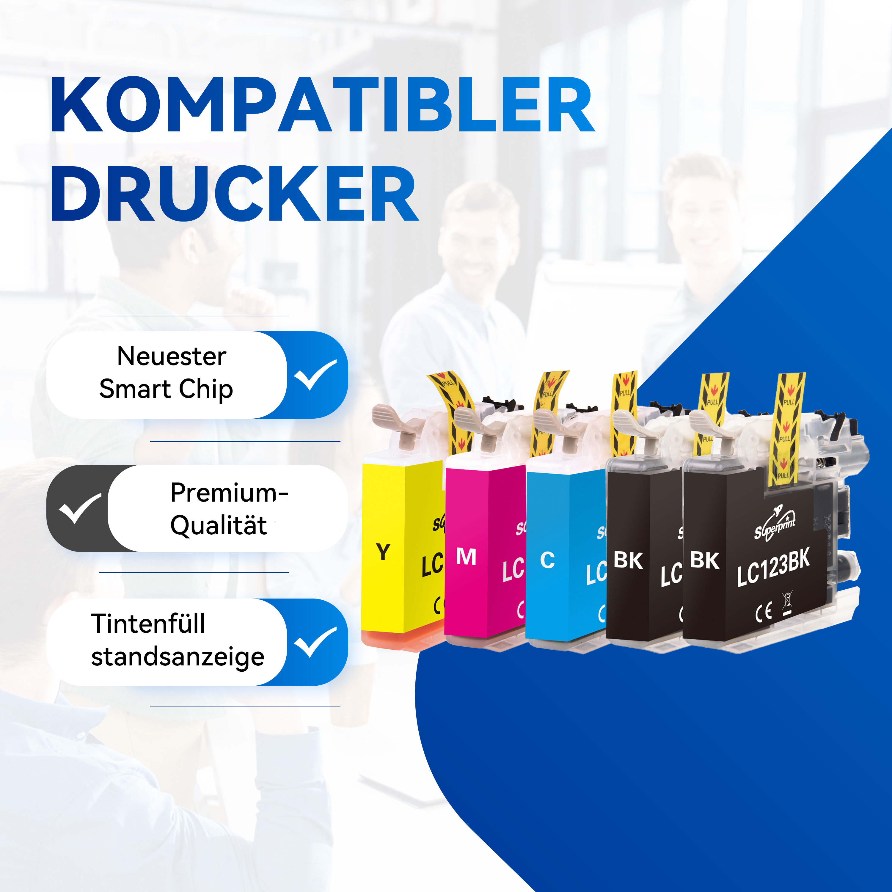 Een set Superprint LC123 inktcartridges in zwart, cyaan, magenta en geel, met verpakking en tekstoverlay.