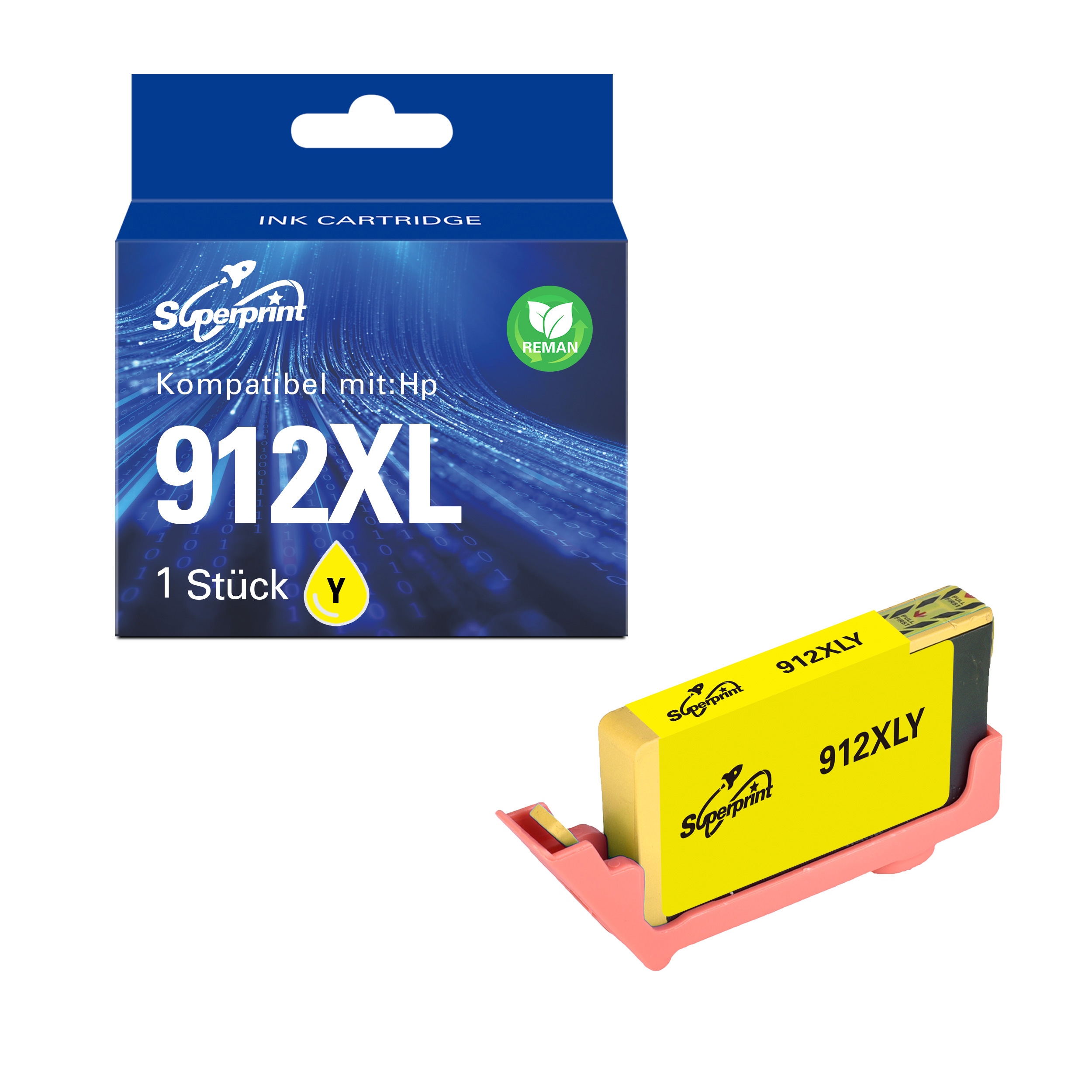 Une cartouche d'encre jaune et son emballage bleu, étiqueté 912XL, sont présentés sur un fond blanc.