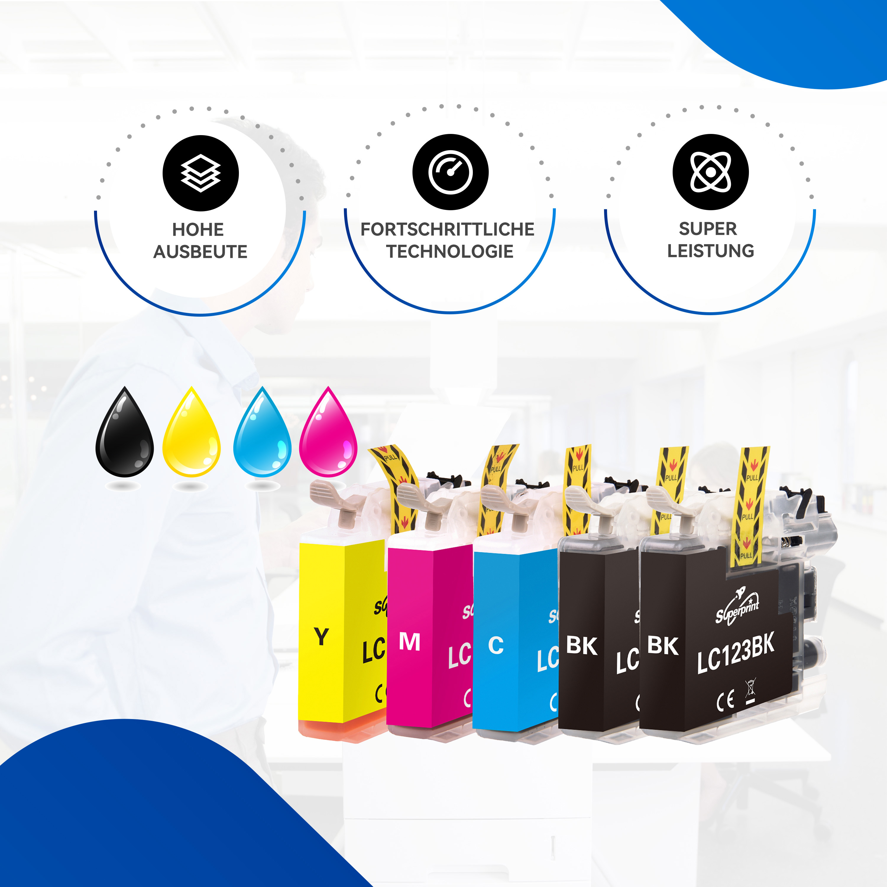 Inktcartridges in geel, magenta, cyaan en zwart zijn gerangschikt voor een persoon in een laboratoriumjas.