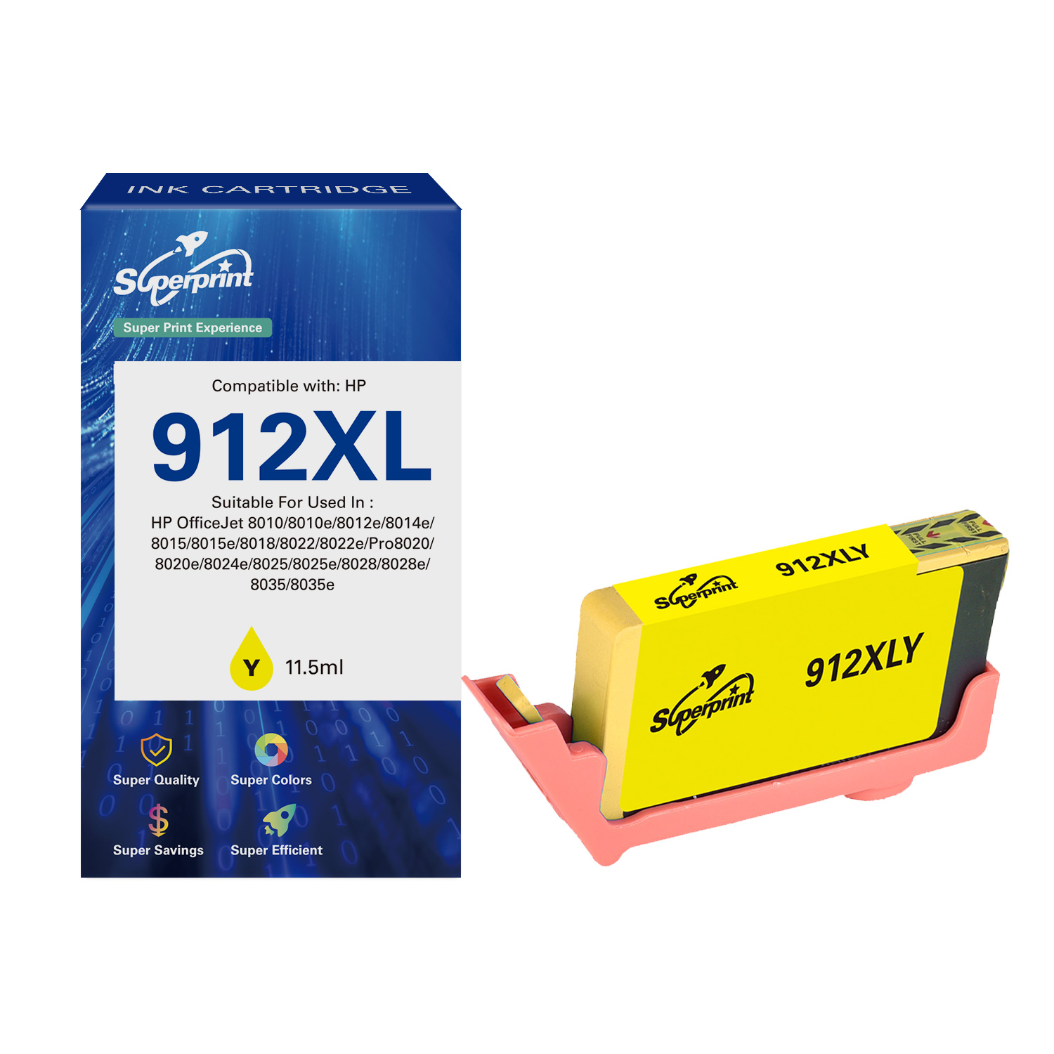 Une cartouche d'encre jaune et son emballage bleu étiqueté 912XL sont présentés sur un fond blanc.