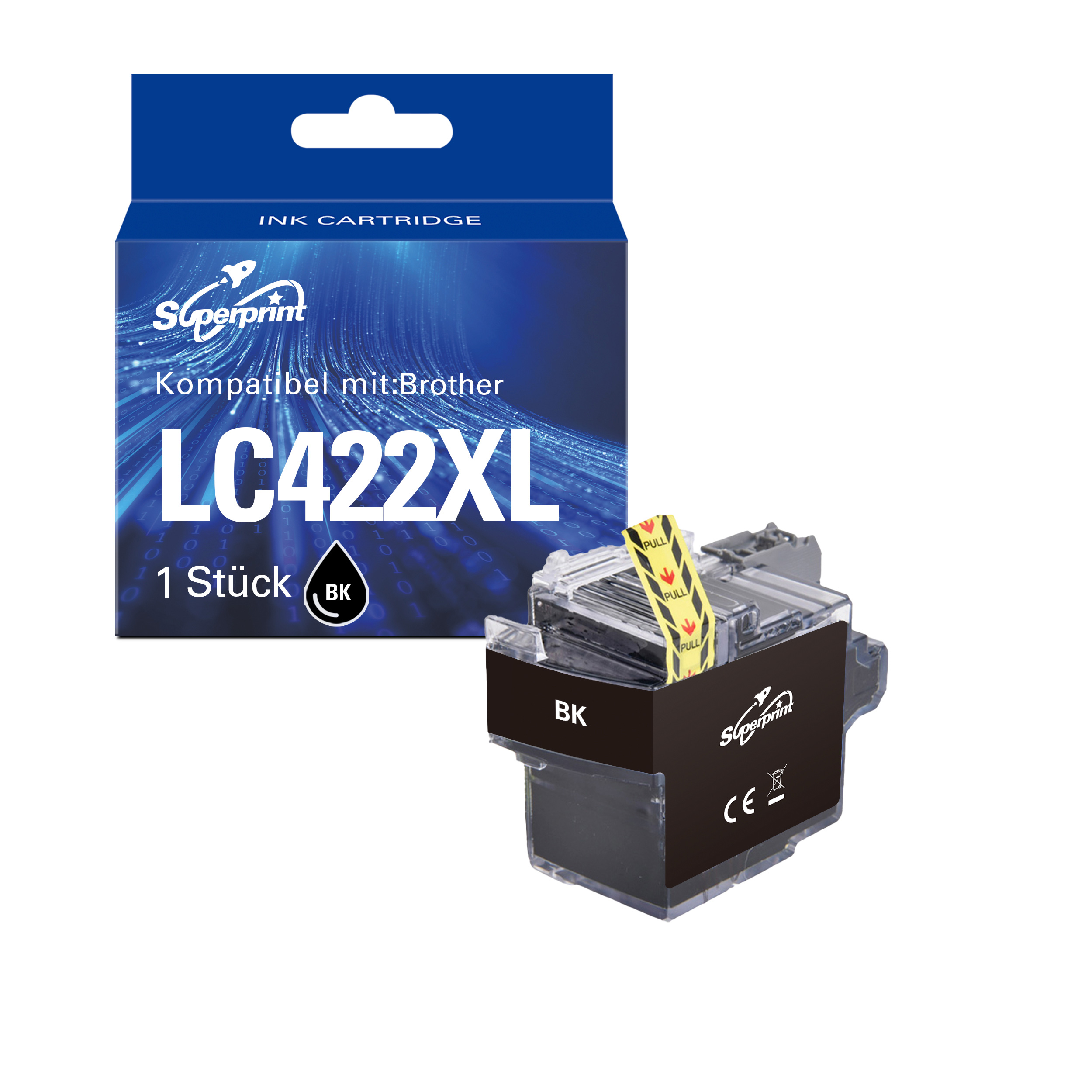 Eine schwarze Tintenpatrone und ihre blaue Verpackung mit der Aufschrift LC422XL werden auf einem weißen Hintergrund angezeigt.
