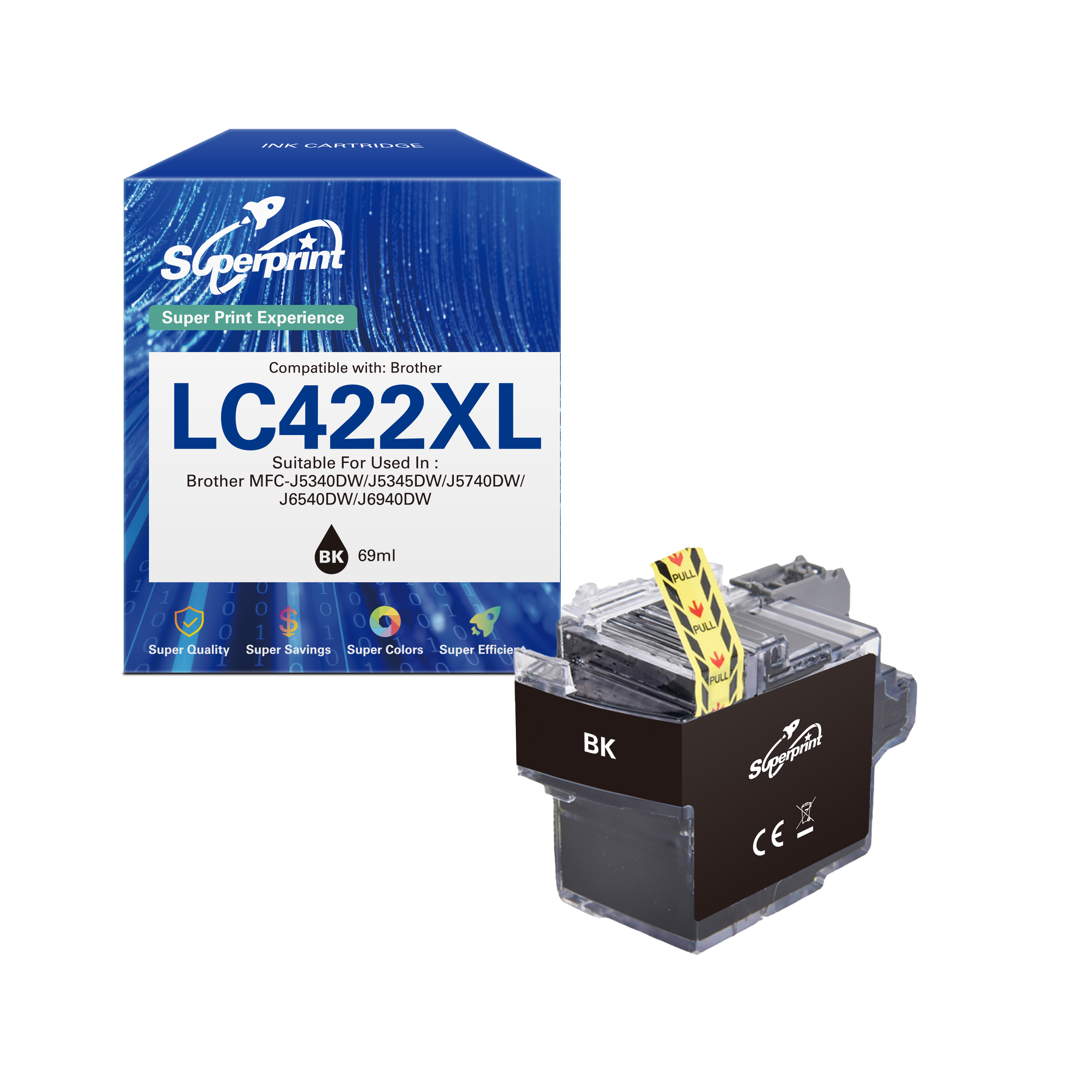 Eine Tintenpatronenbox und -patrone, in Schwarz und Blau. Text enthält 'LC422XL' und die Marke 'Superprint'.
