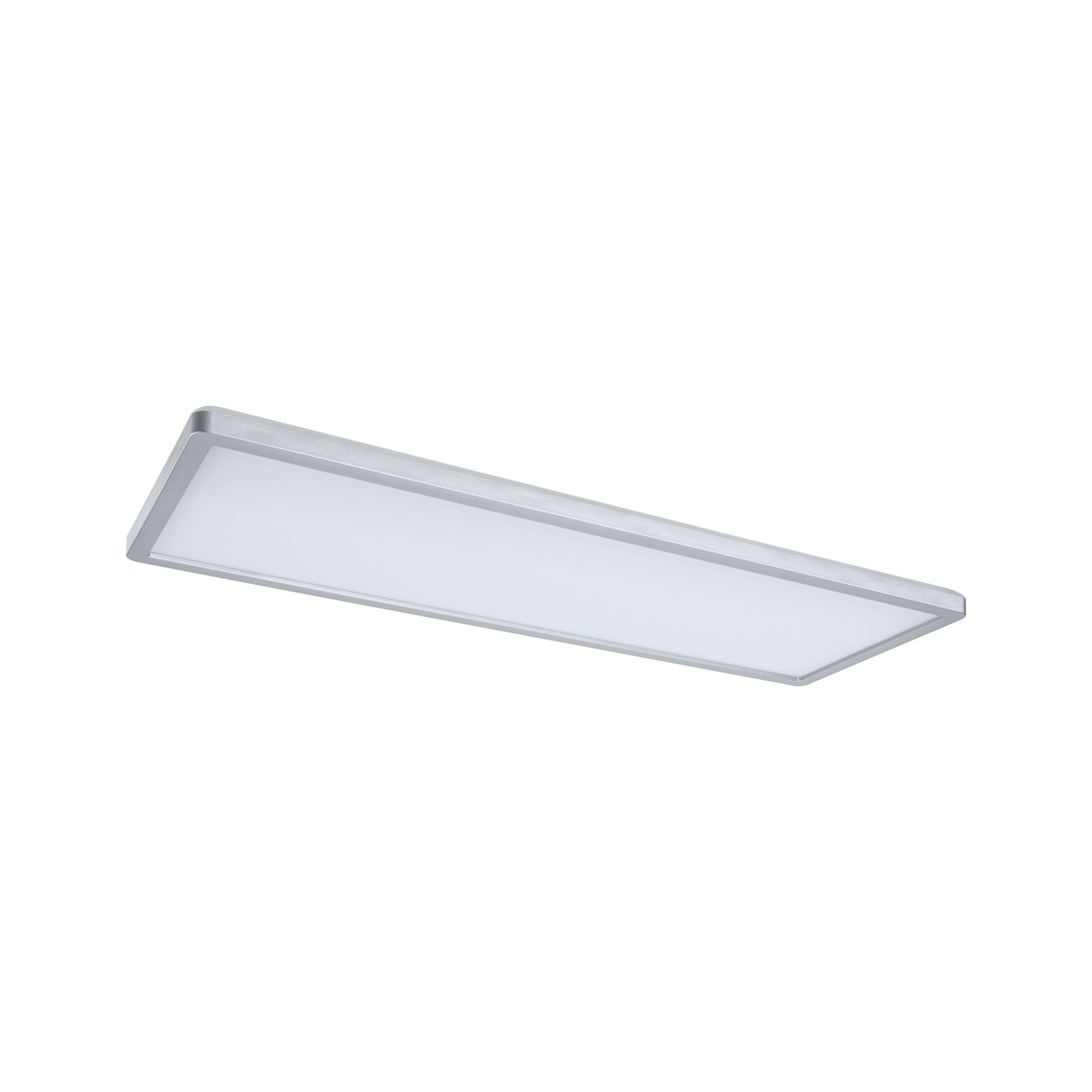 Una plafoniera rettangolare con cornice argentata e superficie bianca luminosa.