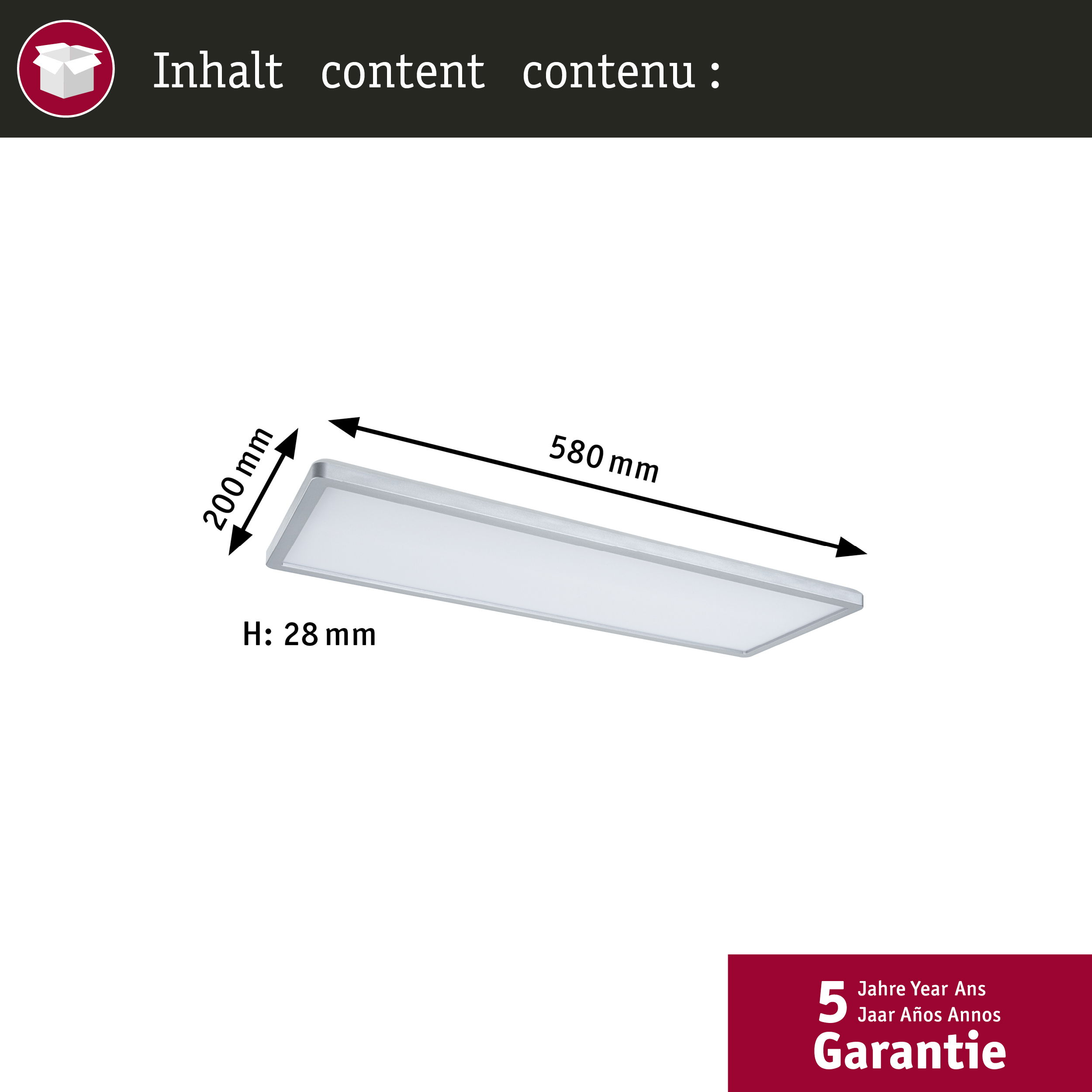 Un diagramma mostra una plafoniera rettangolare con dimensioni e garanzia del prodotto.