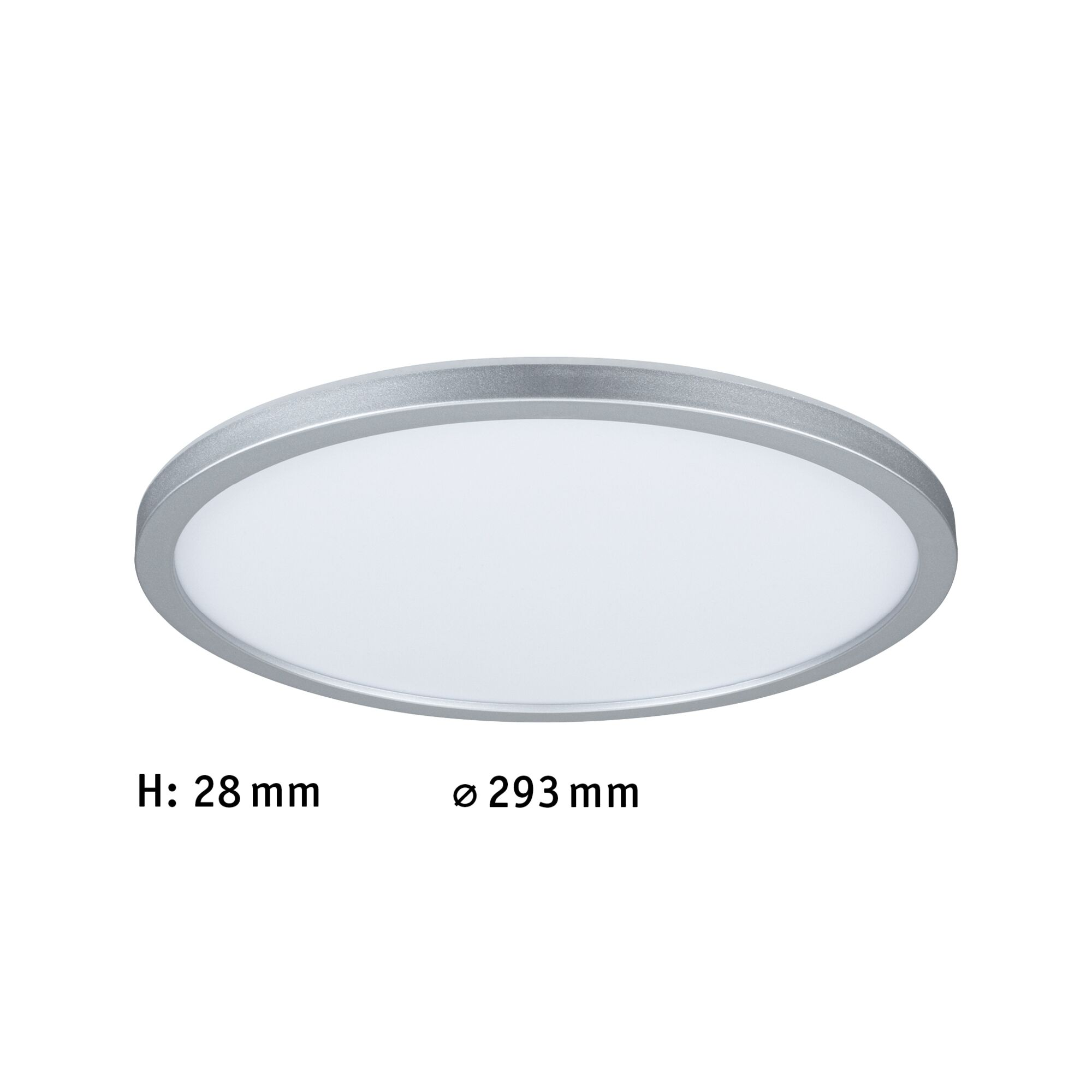 Una lampada da soffitto rotonda, con bordo argentato e centro bianco. Le dimensioni sono visibili nell'immagine.